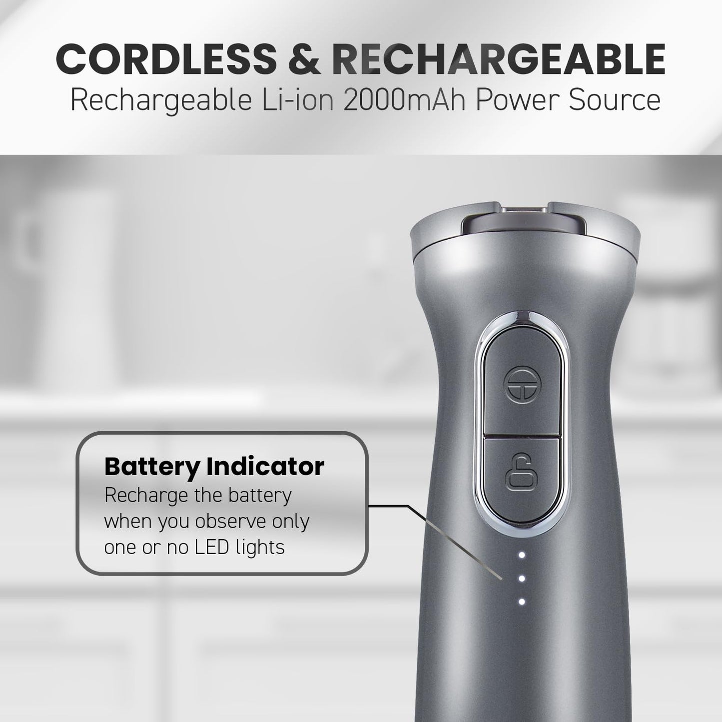 Elite Gourmet EHB1324 Cordless, Rechargeable Hand Blender, Variable 5-Speed Blending, One-Touch Power Button & Safety Lock, Stainless Steel Blades, Portable, Sauces, Soup, Smoothies, Baby Food, Gray