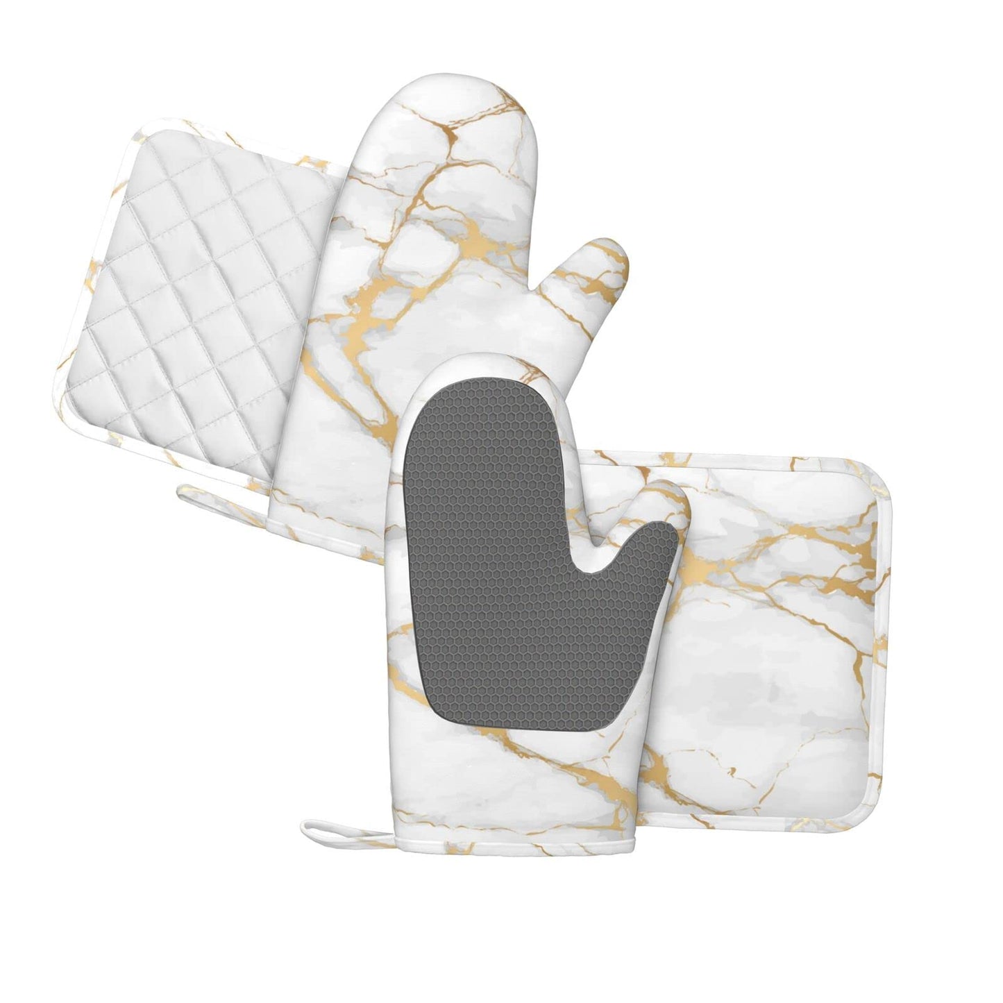 Oven Mitts and Pot Holders Marble White Gold Silicone Kitchen Accessories Set of 4 Heat Resistant Long Gloves Potholder Non-Slip Grip for Chef Cooking, Baking, Grilling, BBQ