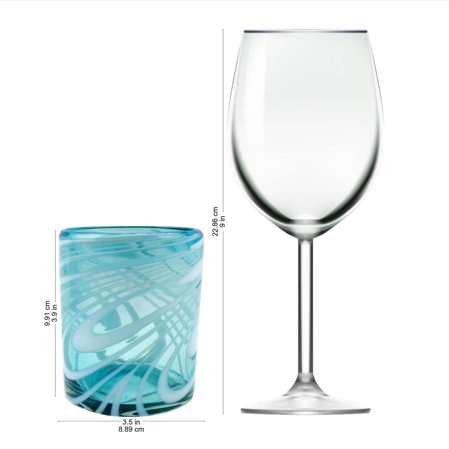 NOVICA Light Blue And White Swirl Hand Blown Glass Rock Glasses, 11 Oz, 'Whirling Aquamarine' (Set Of 6)