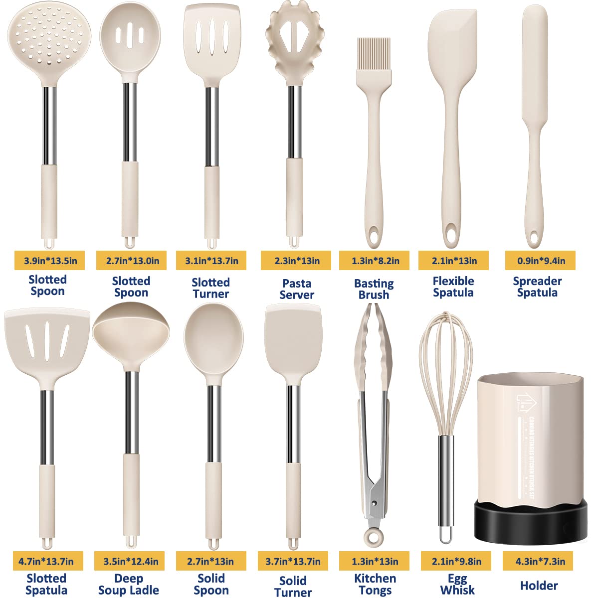 Khaki 24-Piece Silicone Cooking Utensil Set, Fungun Non-stick Kitchen Utensil 24 Pcs Cooking Utensils Set, Heat Resistant Cookware, Silicone Kitchen Tools Gift with Stainless Steel Handle (Khaki-24pcs) …