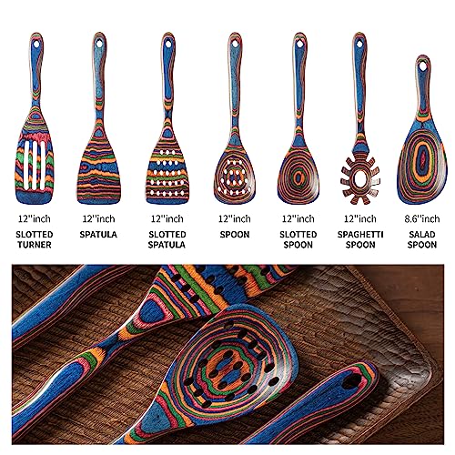 Gudamaye Pakkawood 7-Piece Blue Wooden Cooking Utensils - Wooden Spoons, Kitchen Utensil Set, Non-Stick Spoons