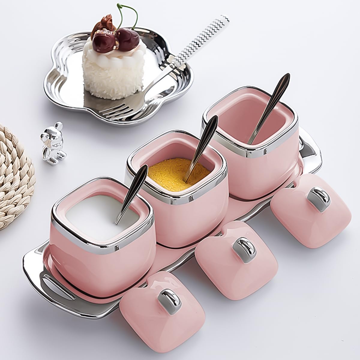 Ceramic Sugar Bowls Set Salt Containers Condiment Jar Porcelain Spice Pots Pepper Boxes with Lids and Spoon, Kitchen Seasoning Canister for Pepper, Sugar, Salt (Pink)