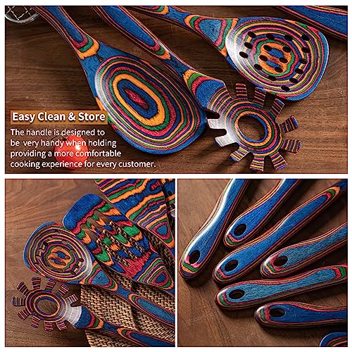 Gudamaye Pakkawood 7-Piece Blue Wooden Cooking Utensils - Wooden Spoons, Kitchen Utensil Set, Non-Stick Spoons