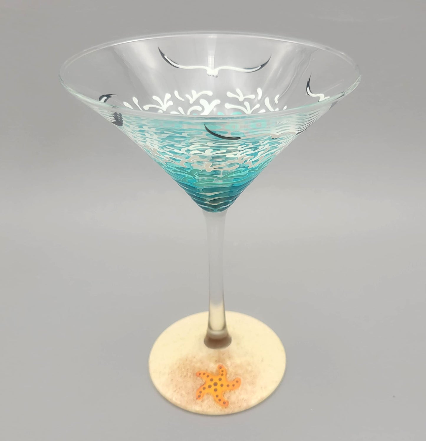 Tropical Beach Martini Cocktail Glass - Hand Painted - Starfish, Sea Shell, Waves, Seagulls, Sea Turtle, Sand,Summer
