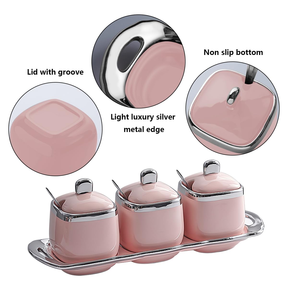 Ceramic Sugar Bowls Set Salt Containers Condiment Jar Porcelain Spice Pots Pepper Boxes with Lids and Spoon, Kitchen Seasoning Canister for Pepper, Sugar, Salt (Pink)