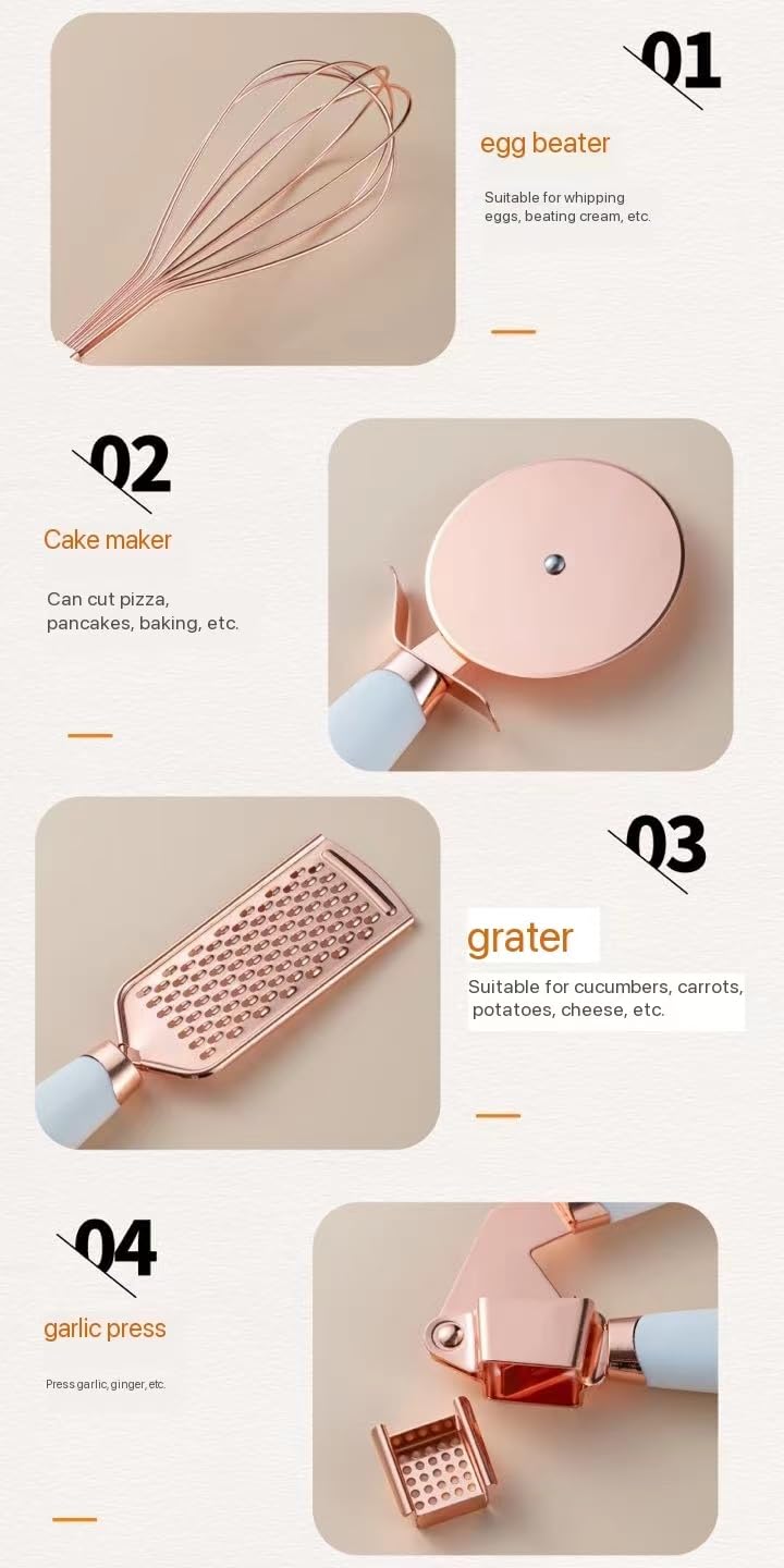 White & Gold Kitchen Tools and Gadgets - Luxe 7PC Cooking Tools and Gadgets with Anti-Slip Handles, Gold Utensils Set, Gold Kitchen Accessories,Premium Kitchen Gadget Set (Champagne gold & white)