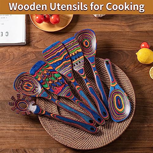 Gudamaye Pakkawood 7-Piece Blue Wooden Cooking Utensils - Wooden Spoons, Kitchen Utensil Set, Non-Stick Spoons