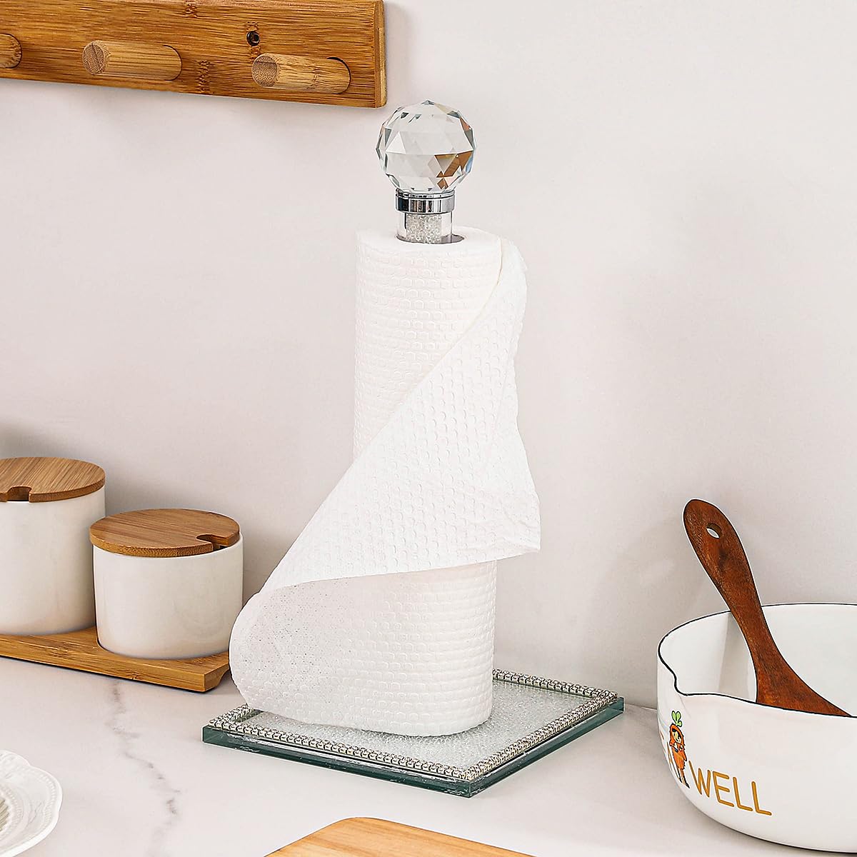 Hochance Clear Crystal Standing Paper Towel Roll Holder Countertop Weighted Rack,Glam Cute Bling Rhinestone Jeweled Diamonds Modern Decoration Christmas Housewarming Gifts for Kitchen Home Bar