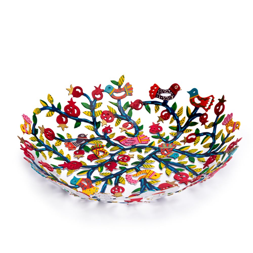 EMANUEL Yair Decorative Metal Fruit Bowl | Vibrant Hand Painted Bowl | Hangable Centerpiece Bowl for Home Decor and Gifting | Judaica Art (10 inch, Pomegranate Tree)