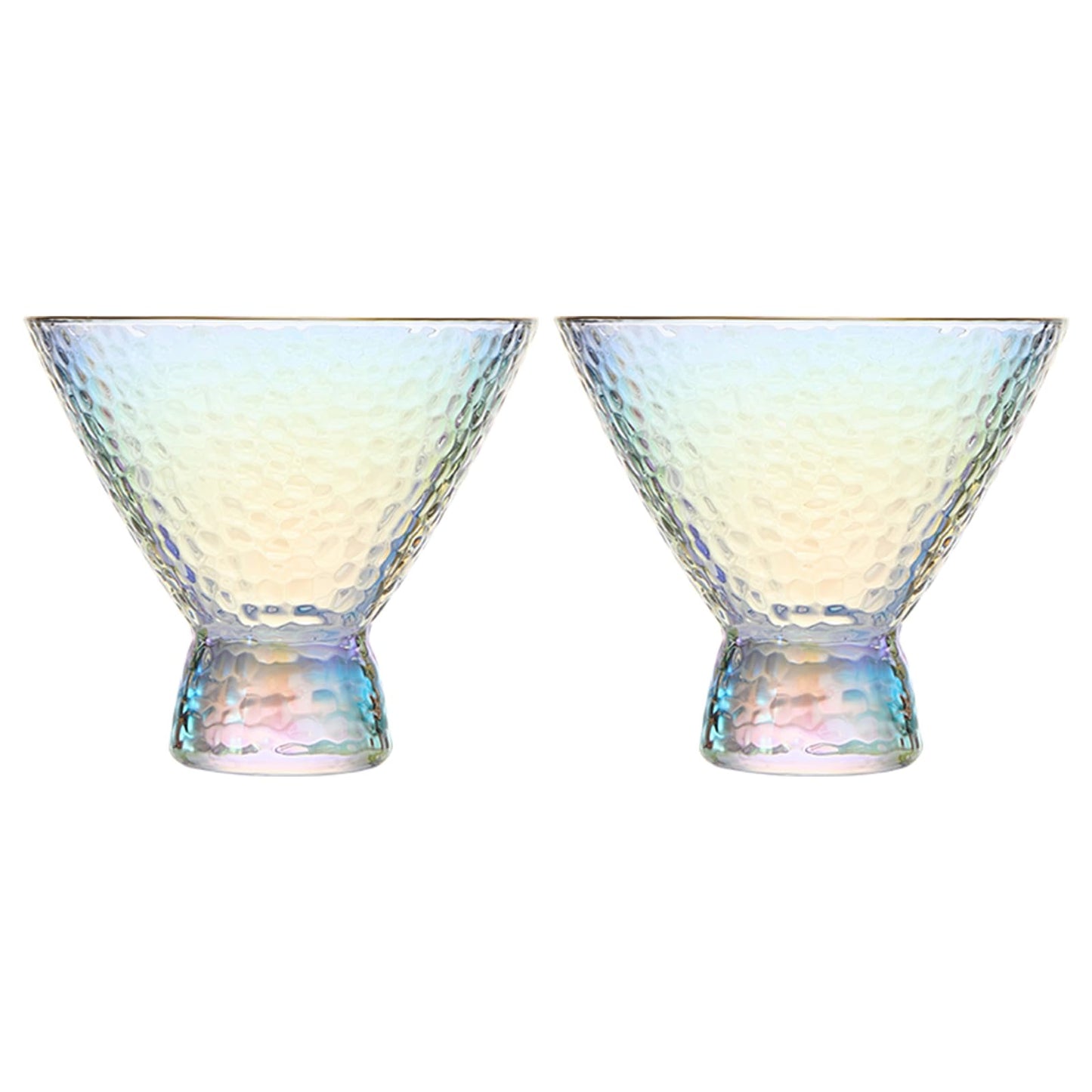 Iridescent Lustered Stemless Martini Glasses Set of 2 - Hammered Cocktail & Martini Glasses - Luxury Gift Box - Gold Rim 8oz Colorful Stemless Glassware - Weddings , Anniversary , Christmas , Barware