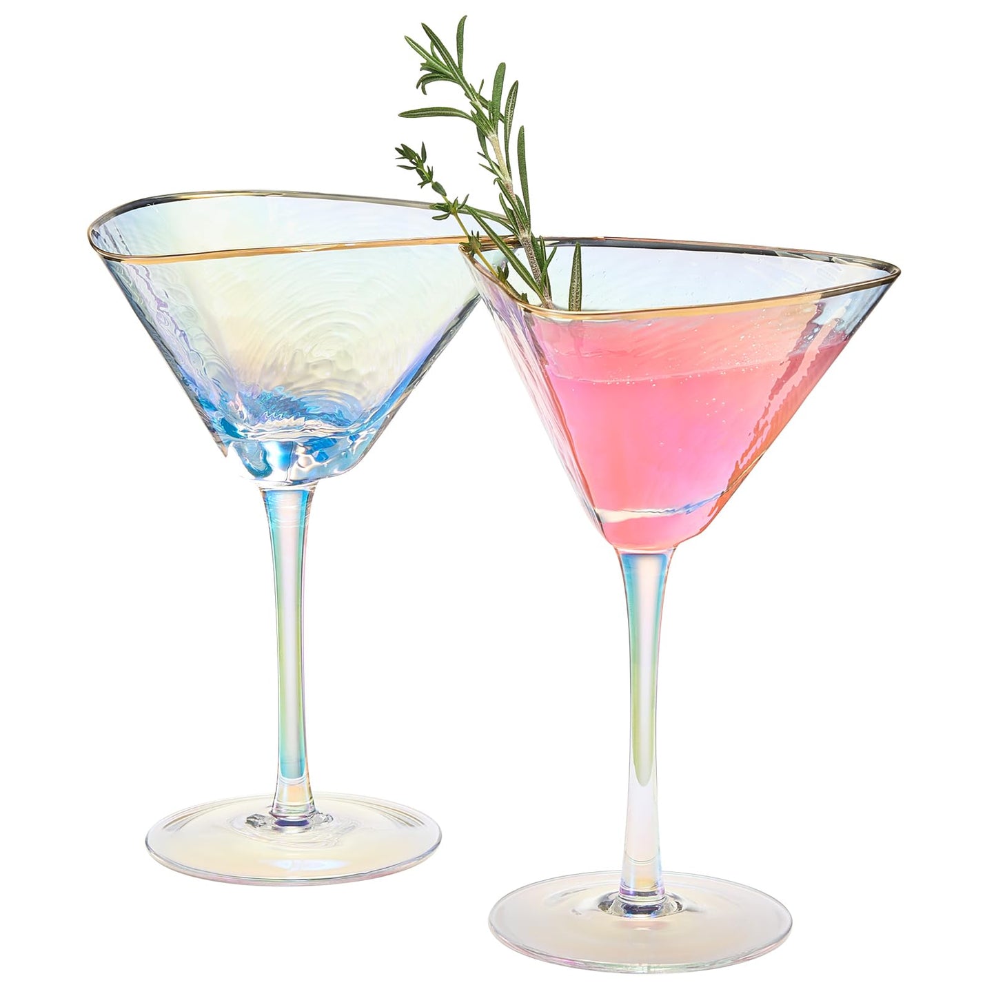 Iridescent Lustered Hammered Martini Glasses - Set of 2 - Gold Rim 8 oz Colorful Balloon Stemmed Glassware - Festive Anniversaries, Birthday Gift, Cocktail Party Radiance - Unique Wine Barware