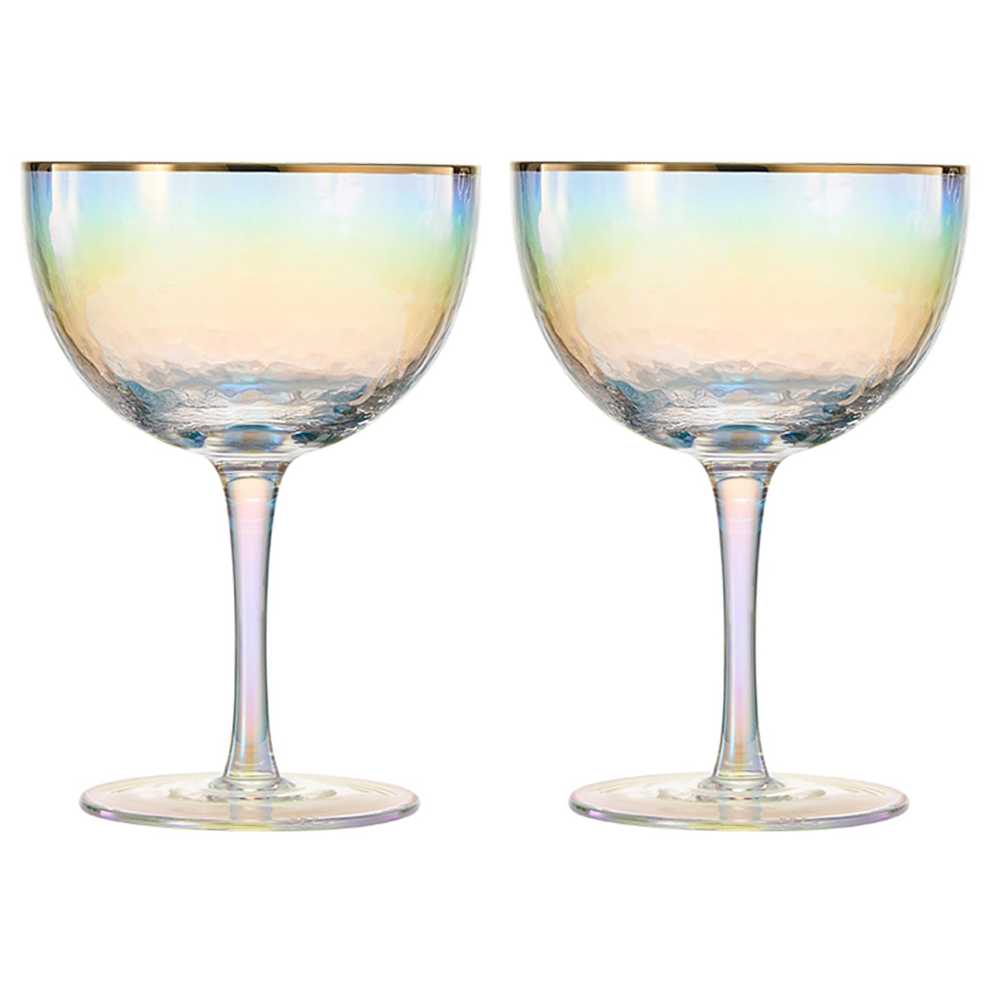 Festive Lustered Iridescent Hammered Coupe Glasses - Set of 2 - Gold Rim 8 5oz Colorful Champagne Glasses - Anniversaries, Birthday Gift, Cocktail Party Radiance - Water, Wine, Cosmopolitan, Barware