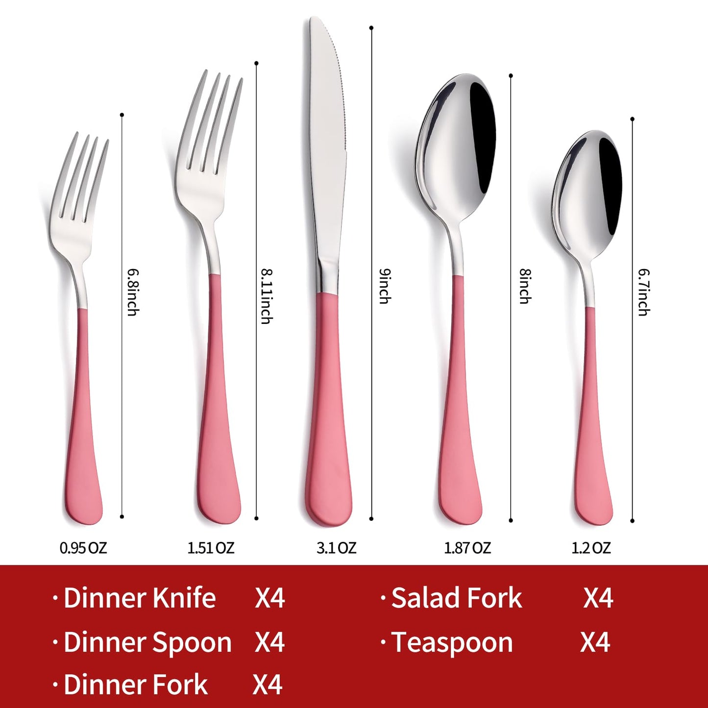 Cotton Candy Pink 20-Piece Silverware Set 18/0 Stainless Steel Flatware Pink Handle Cutlery Set Service for 4 Dinner Knives Forks Spoons Set Mirror Finish Dishwasher Saf