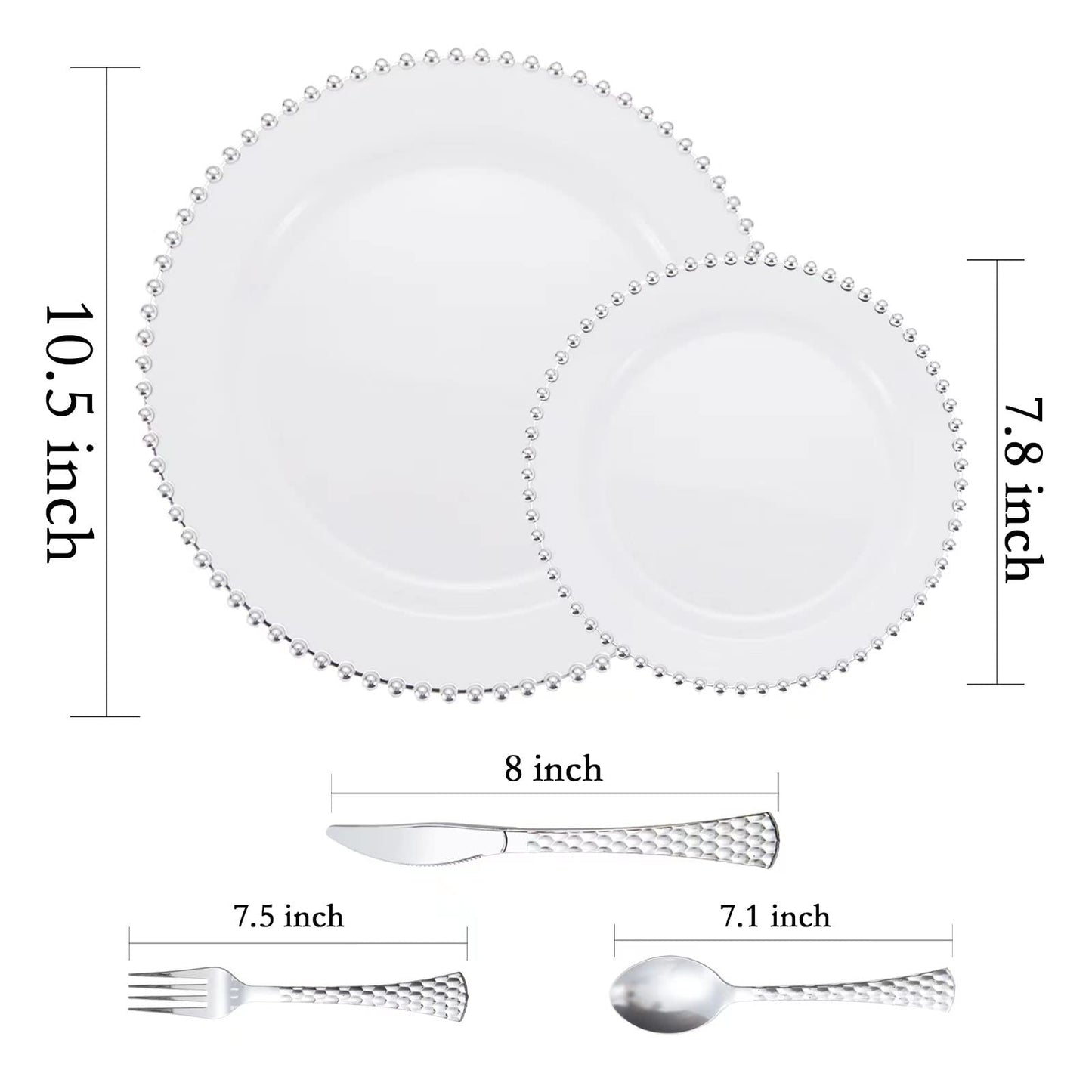 75-Piece Fancy Disposable Dinnerware Party Set, 15 Dinner Plates, 15 Dessert Plates with Silver Bead Rimed, 15 Silver Spoons, 15 Knives, 15 Forks, Plastic Silverware for Wedding Birthday Party