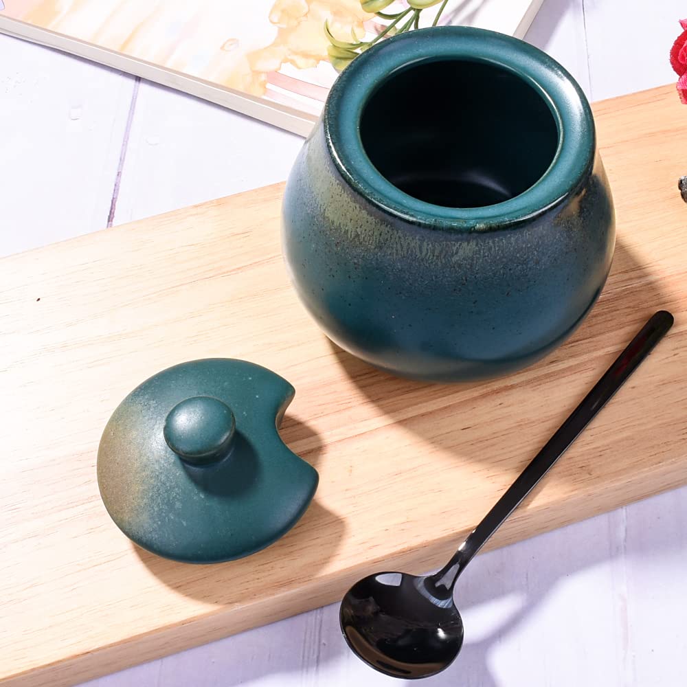 BOSILI Green Ceramic Sugar Bowls with Spoon Porcelain Salt Container with Lid for Home and Kitchen