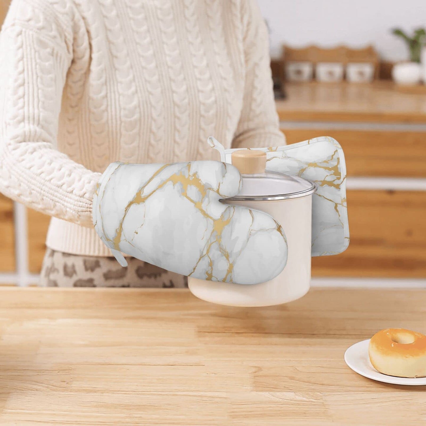 Oven Mitts and Pot Holders Marble White Gold Silicone Kitchen Accessories Set of 4 Heat Resistant Long Gloves Potholder Non-Slip Grip for Chef Cooking, Baking, Grilling, BBQ