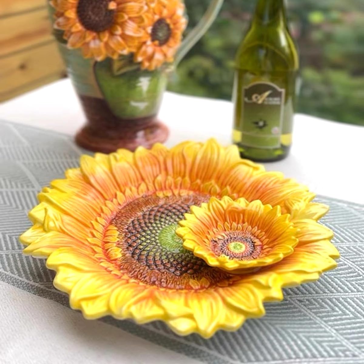 Handpainted 11-Inch Ceramic Chip and Dip Platter with Sunflower Design