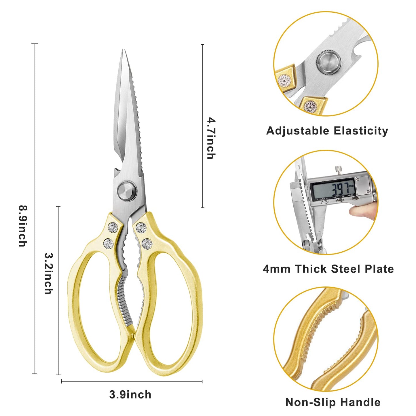 Sharp, Heavy Duty Kitchen Shears Dishwasher Safe,Gold Kitchen Accessories Cooking Shears for Kitchen Meat Chicken Fish Poultry Herb Bread (Gold Handle)