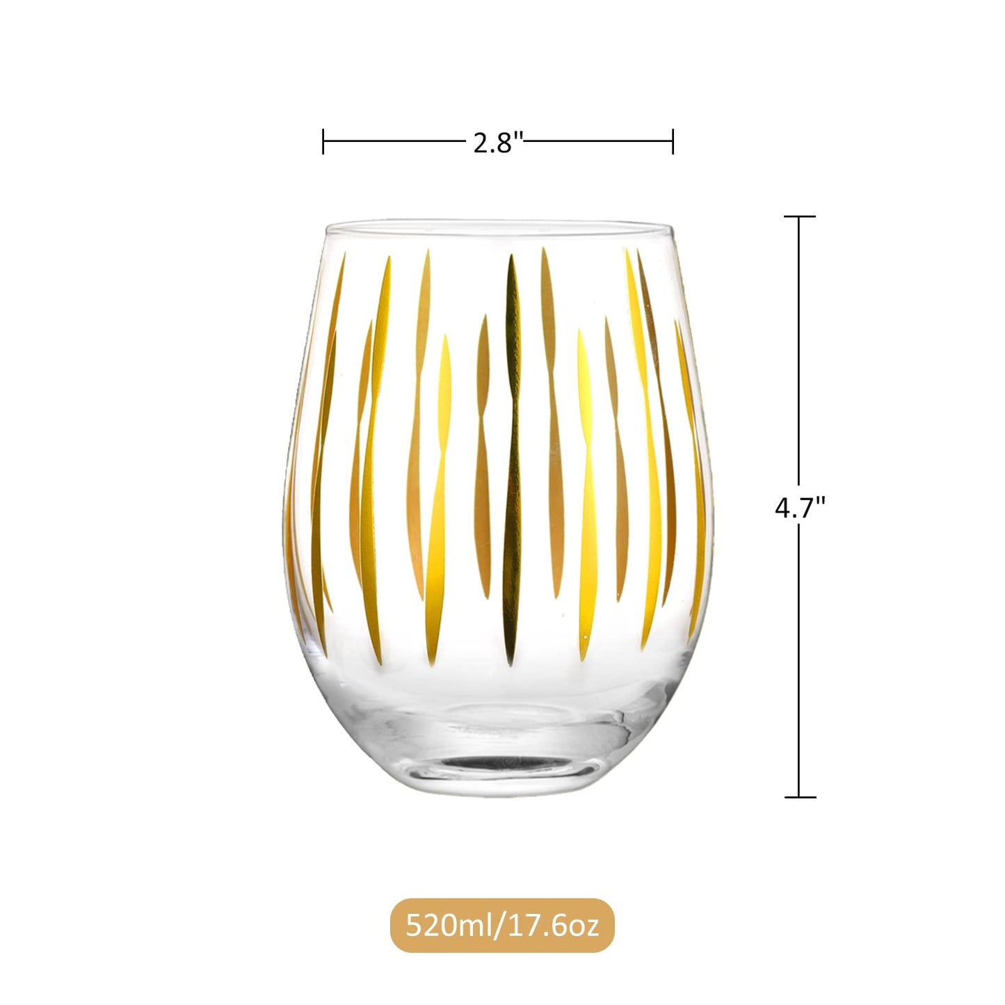 Joeyan Hand Blown Stemless Wine Glasses with Gold Dots Swirls Grids Strips Pattern for Red White Wine,Large Drinking Glass Cups,Wine Glass Tumblers for Wedding Party Home,Set of 4,17.5 oz