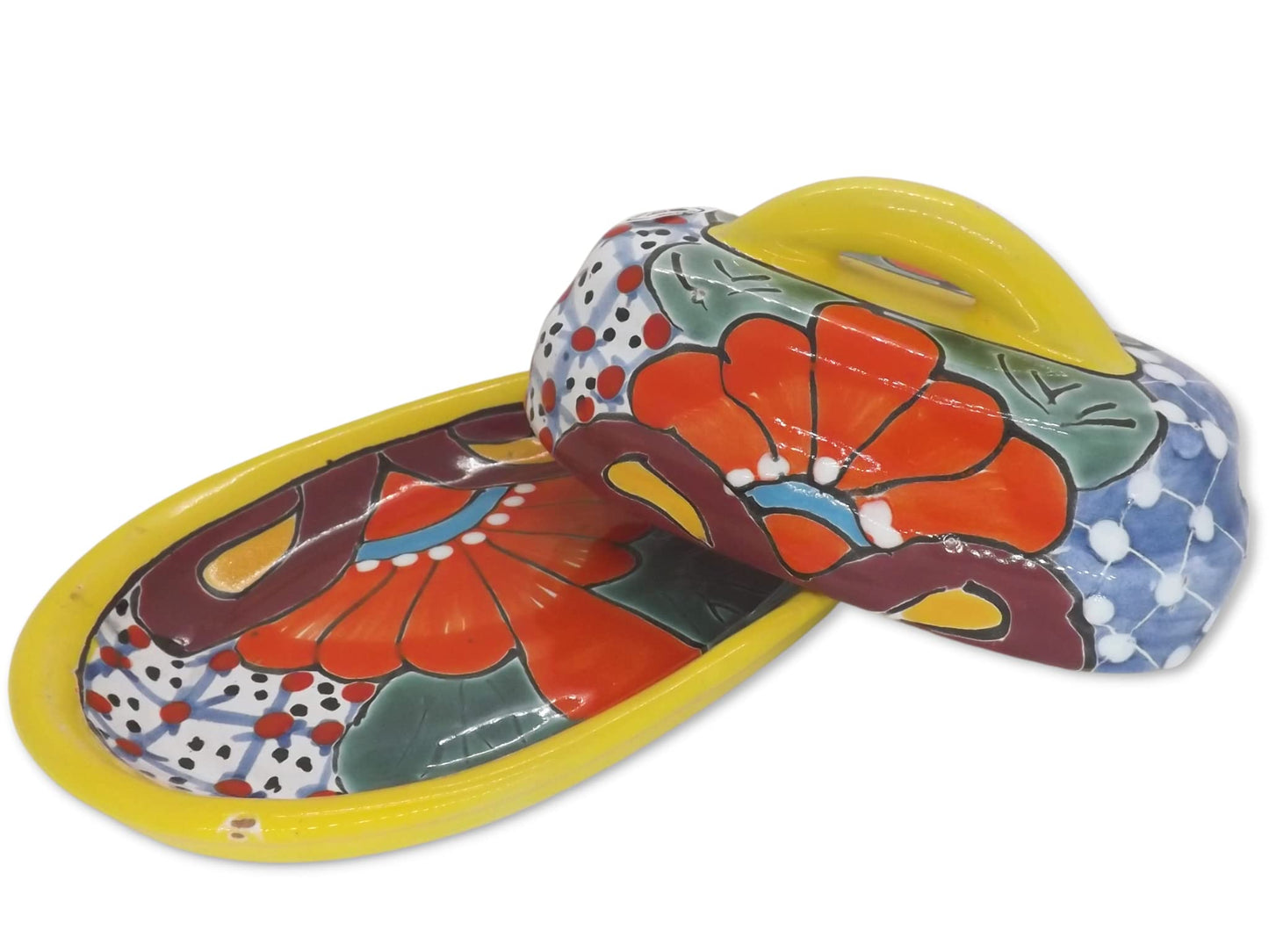 MEXTEQUIL - Butter Dish Ceramic Talavera with Lid Hand Painted Authentic Mexican Pottery Kitchen Floral Design (Yellow)