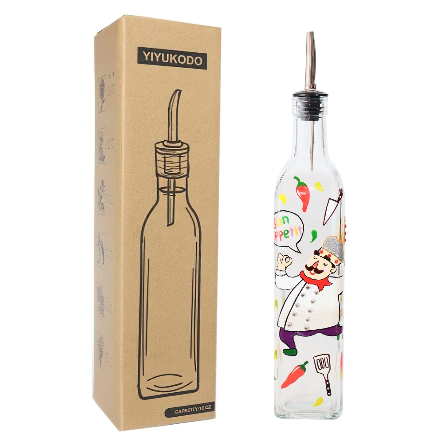YIYUKODO 17oz Hand Painted Glass Olive Oil Bottle - 500ml Green Oil & Vinegar Cruet with Pourers and Funnel - Olive Oil Carafe Decanter for Kitchen (chef)