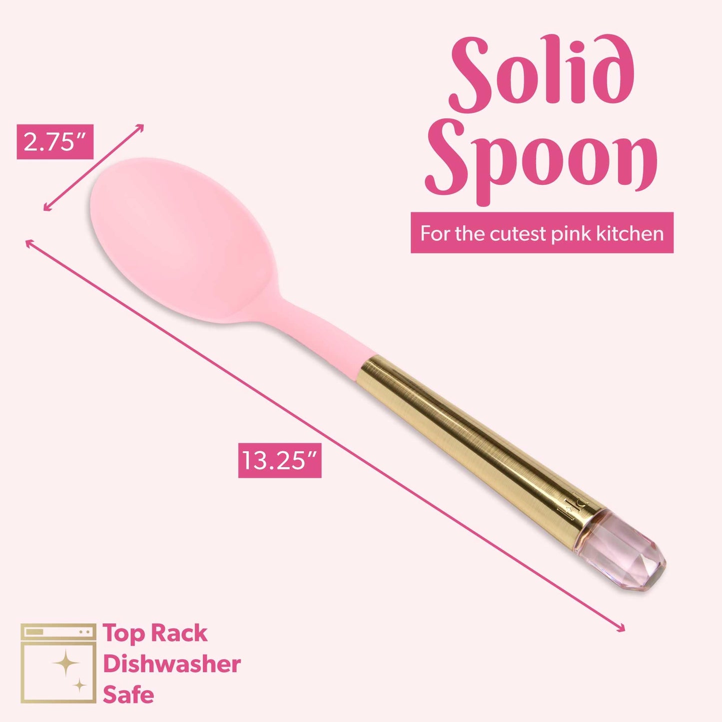 Paris Hilton Solid Spoon with Pink Jewel Shaped Handle, Heat-Resistant up to 400°F, Dishwasher Safe Kitchen Tools and Utensil, Pink and Gold