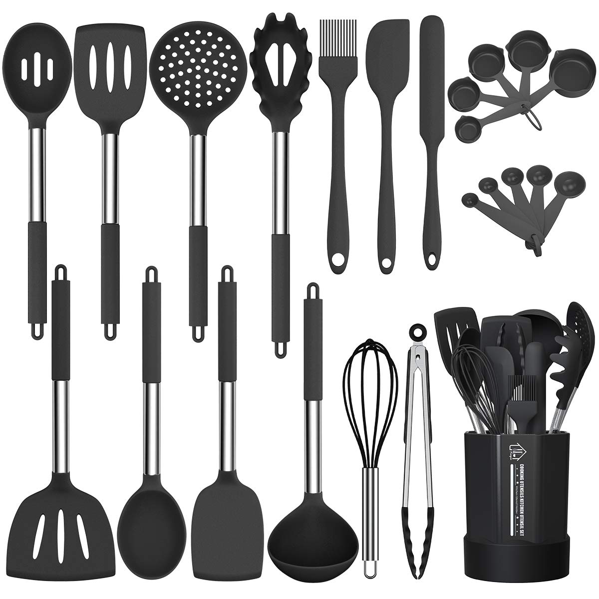 Black 24-Piece Silicone Cooking Utensil Set, Fungun Non-stick Kitchen Utensil 24 Pcs Cooking Utensils Set, Heat Resistant Cookware, Silicone Kitchen Tools Gift with Stainless Steel Handle (Black-24pcs)