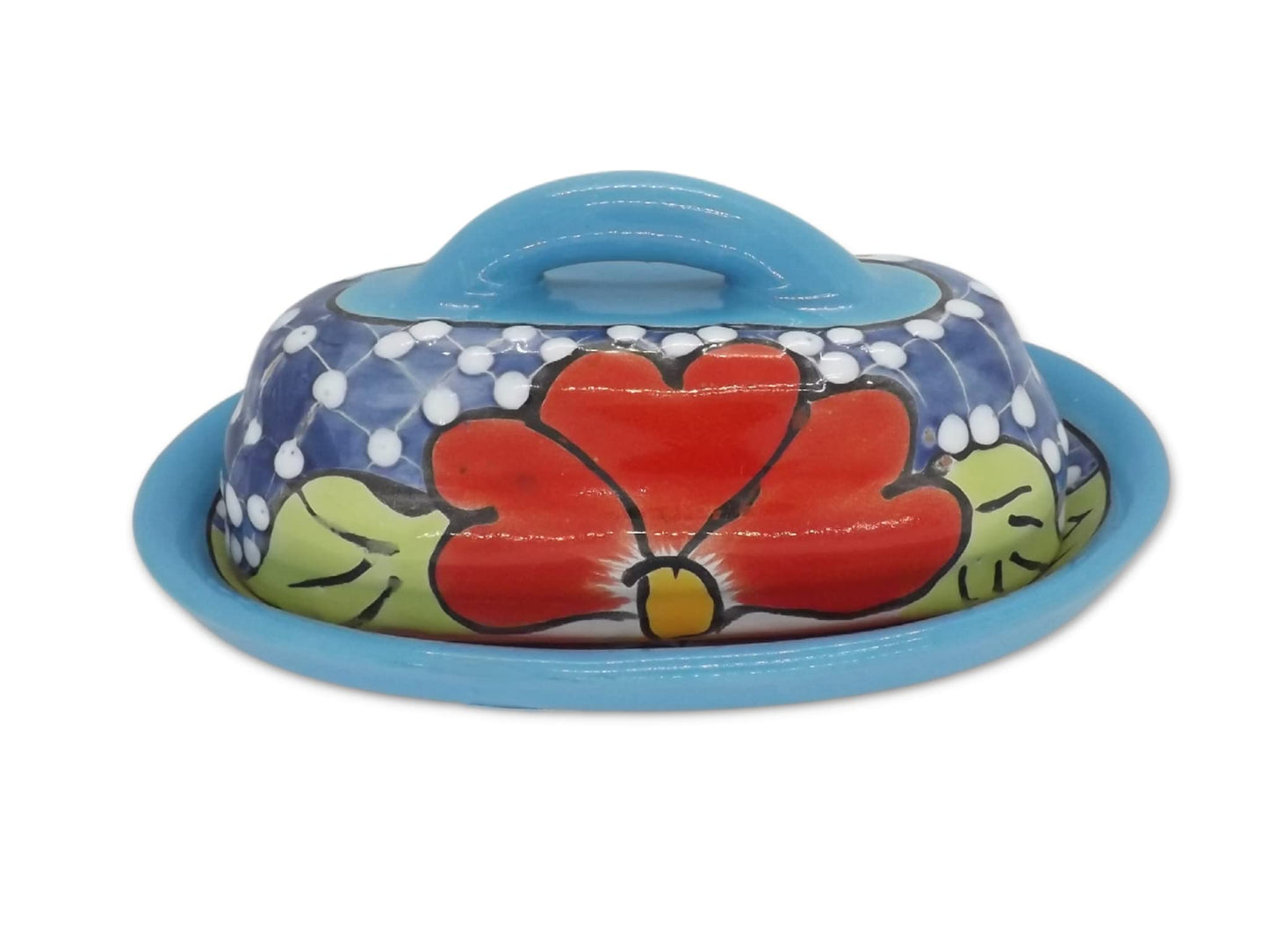 MEXTEQUIL - Butter Dish Ceramic Talavera with Lid Hand Painted Authentic Mexican Pottery Kitchen Floral Design (Aqua)