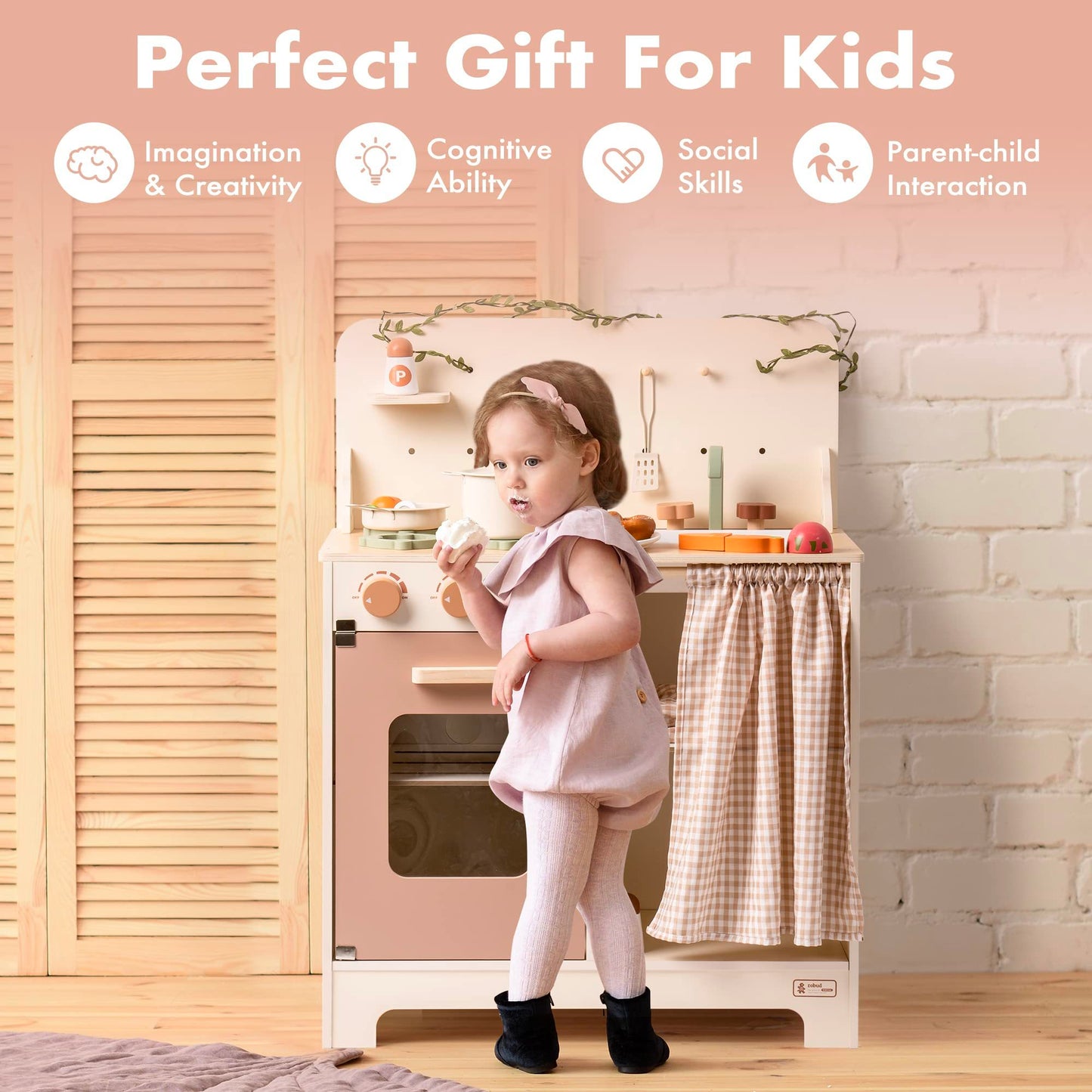 Robud Kids Play Kitchen Set Rustic Wooden Pretend Play Kitchen for Toddlers Age 3-4