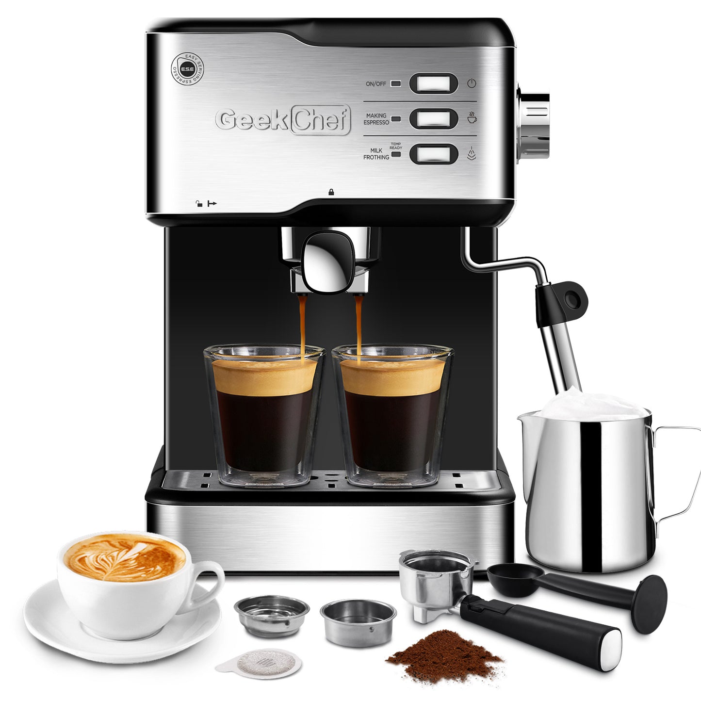 Geek Chef 20 Bar 2-in-1 Espresso, Cappuccino, and Latte Machine with Milk Frother
