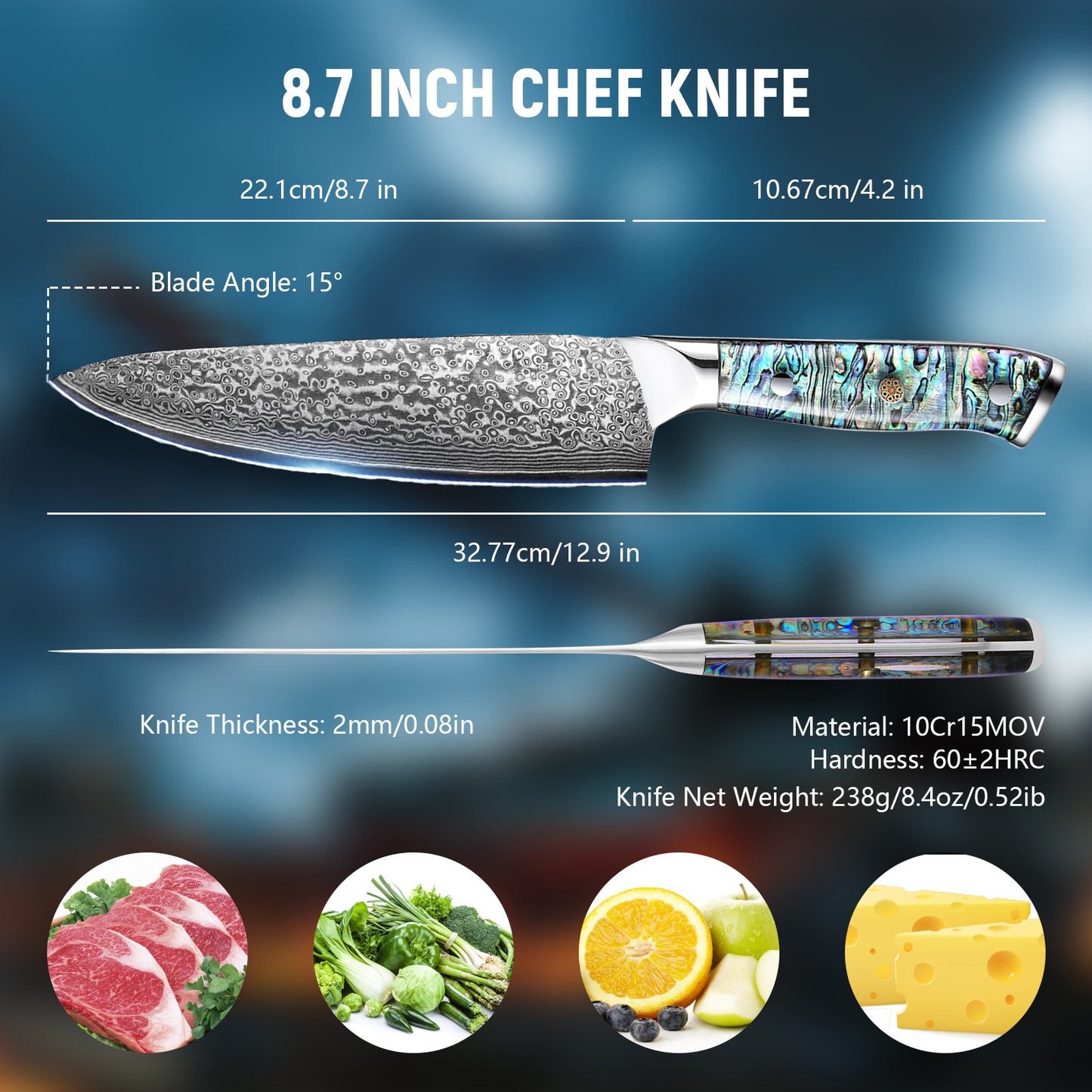Professional Japanese Damascus 8-Inch Steel Santuko Chef Knife with Hand-Forged Hammer Pattern and Ergonomic Abalone Shell Handle