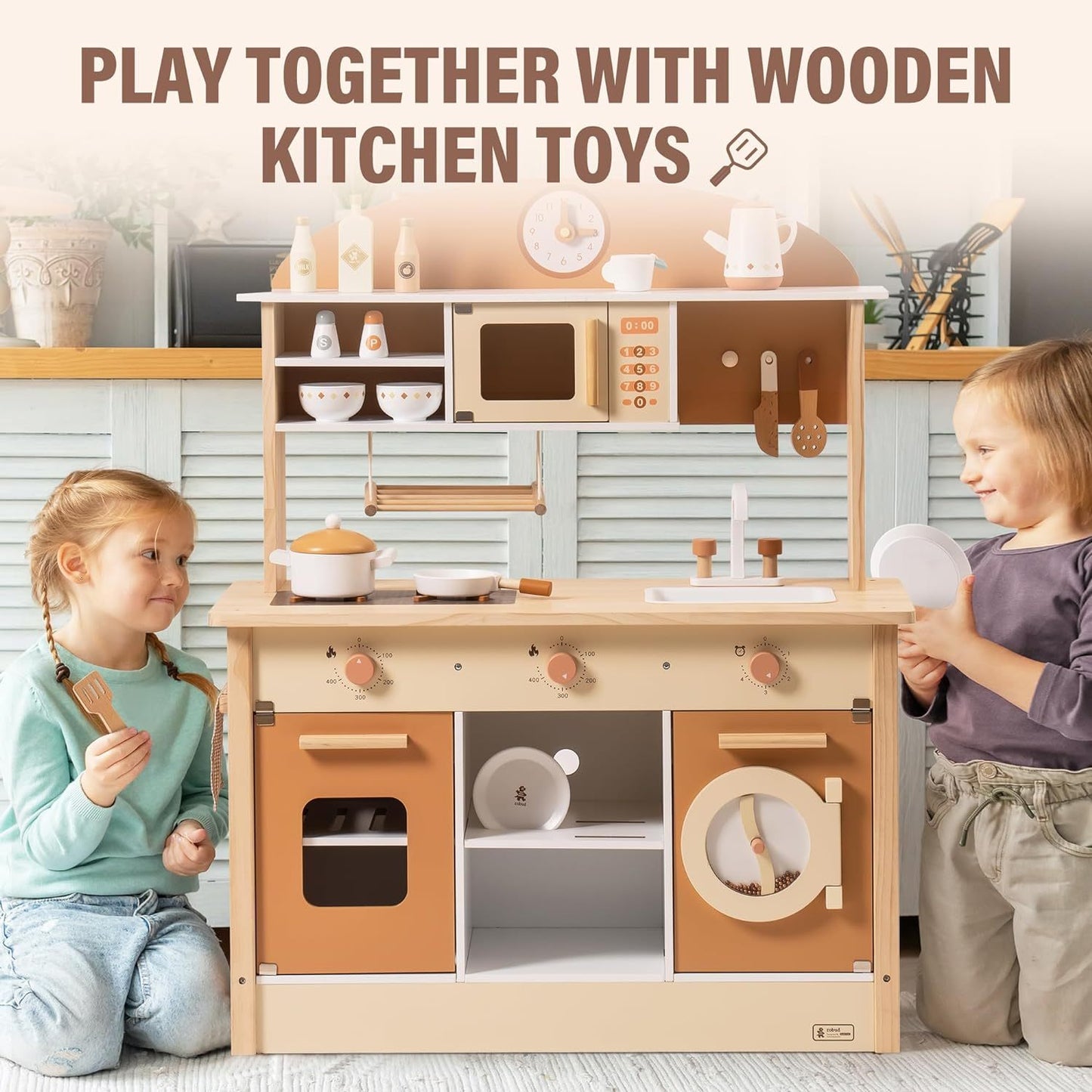 Large Wooden Kitchen Playset for Kids with Pretend Cooking Accessories