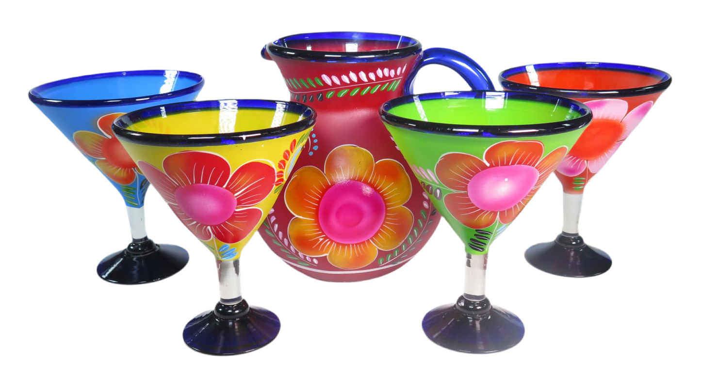 Eye4Art Hand-Blown and Hand-Painted Mexican Margarita Glasses and Pitcher (5-Piece Set)
