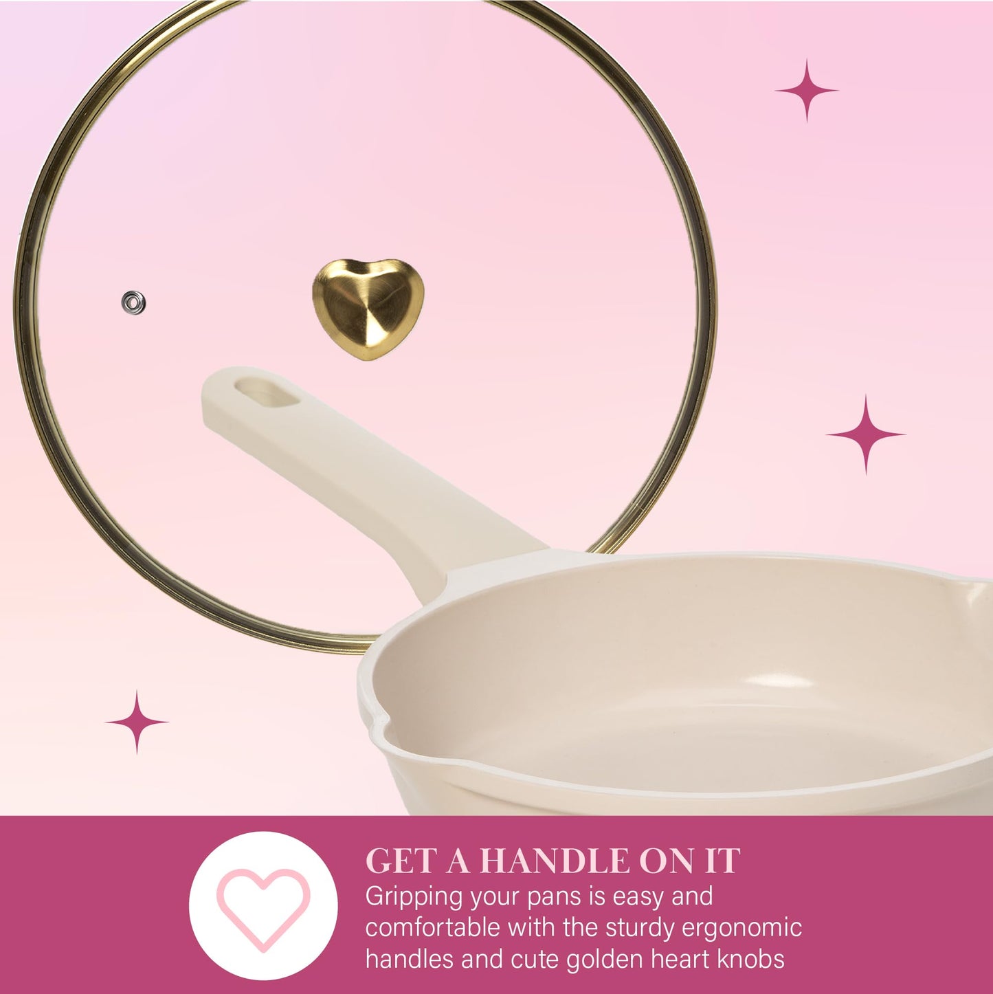 Paris Hilton Ceramic Nonstick Cookware Set, Cast Aluminum with Dual Layer Nonstick Coating, Gold Heart Knobs, Stay-Cool Handles, Made without PFAS, PFOA, PFOS & PTFE, Dishwasher Safe, 10-Piece, Cream