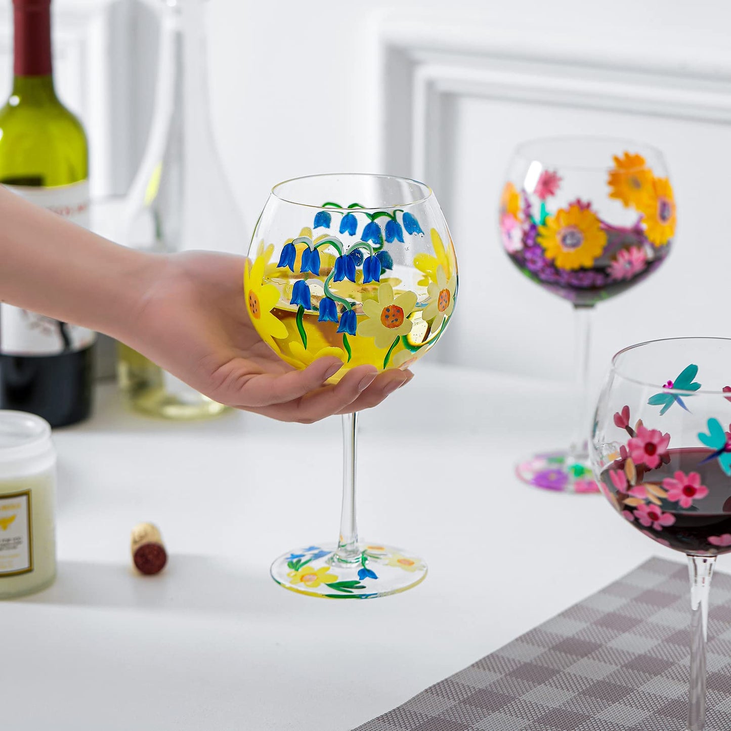 Hand-Painted Wine Glass Blue White Yellow Flowers Artisan Painted 20.5 Oz. Personalised Gift Idea