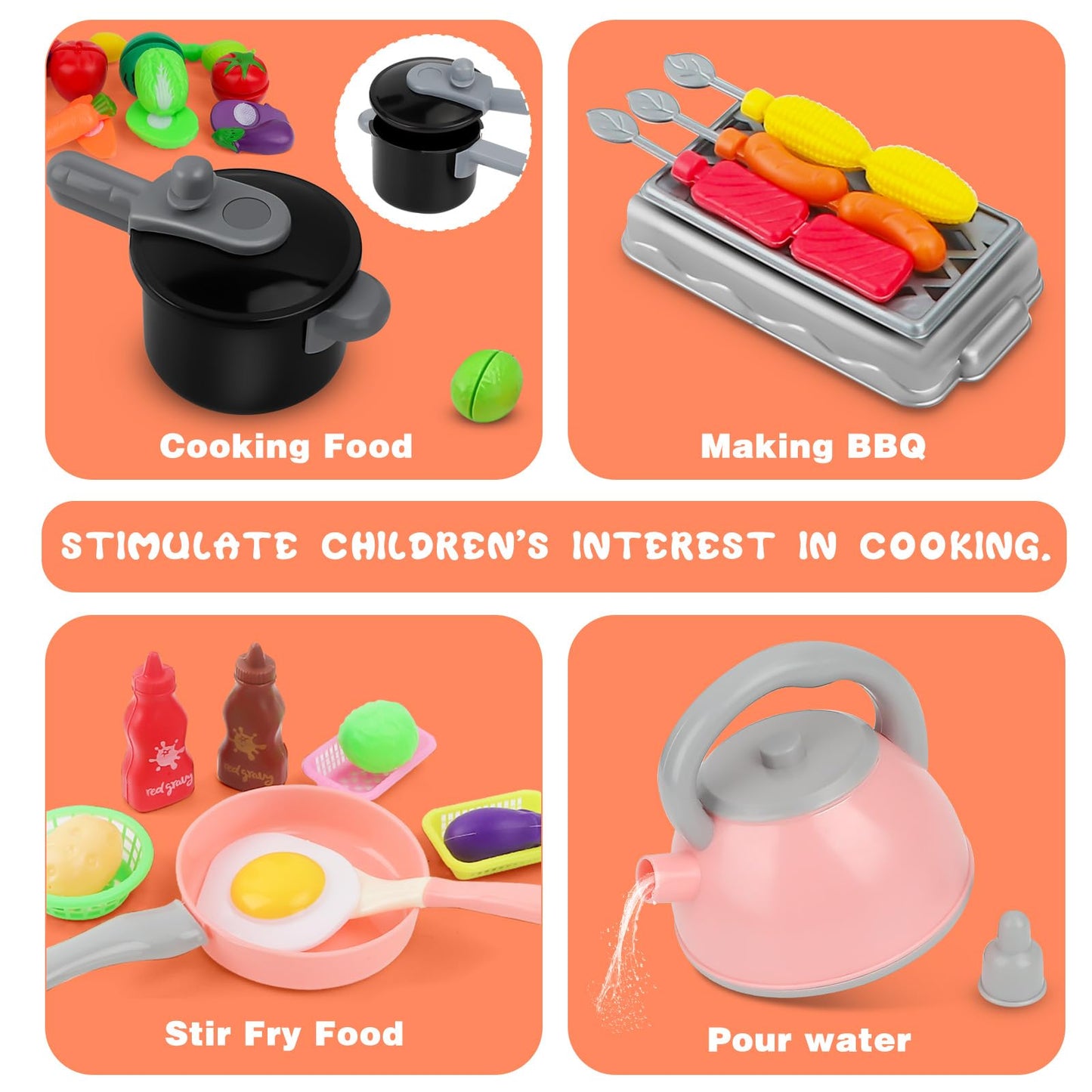 Yotino 108-Piece Play Kitchen Accessories Toddler Play Kitchen Set Play Food Set with Pots and Pans Daily Food Fruit Veges,Kitchen Accessories Fake Food for Boys Girls (Pink)