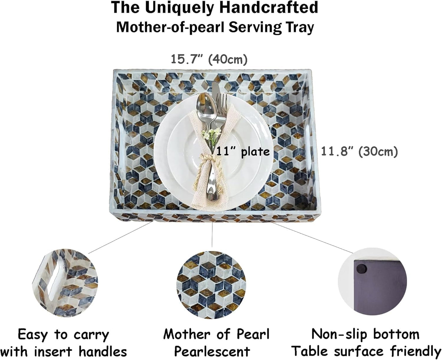 Rectangular Mother of Pearl Serving Tray Nacre Wood Lap Tray Coffee Table Ottoman Tray w Insert Handles, Luxury Decorative Handmade Eating Tray (Geometric Cube)
