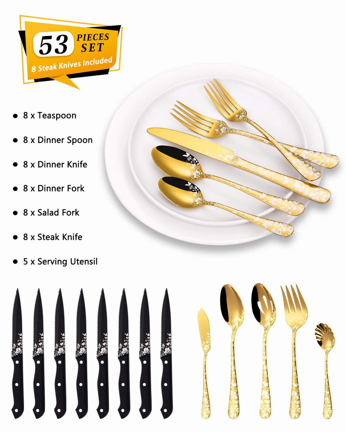 Stapava 53-Piece Gold Silverware Set with Serving Utensils, Stainless Steel Gold Flatware Cutlery Set, Mirror Eating Utensils Tableware with Butterfly Flower Laser, Dishwasher Safe