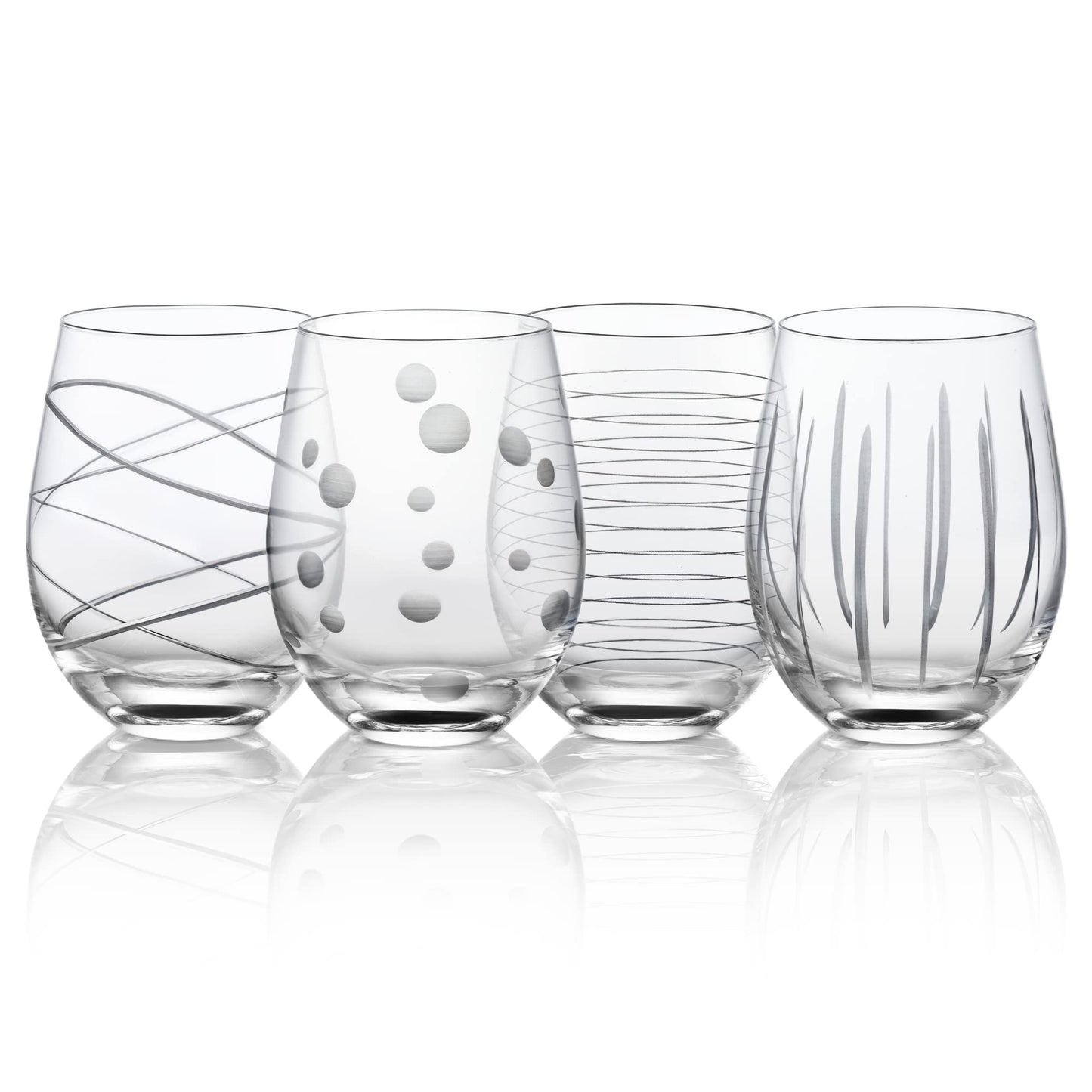 Hand-Blown Joeyan Etched Stemless Wine Glasses with Dots Strips Pattern for Red Wine, Large Carved Drinking Glass Cups Tumblers for Wedding Anniversary Party Home, Set of 4, 17.5 oz.