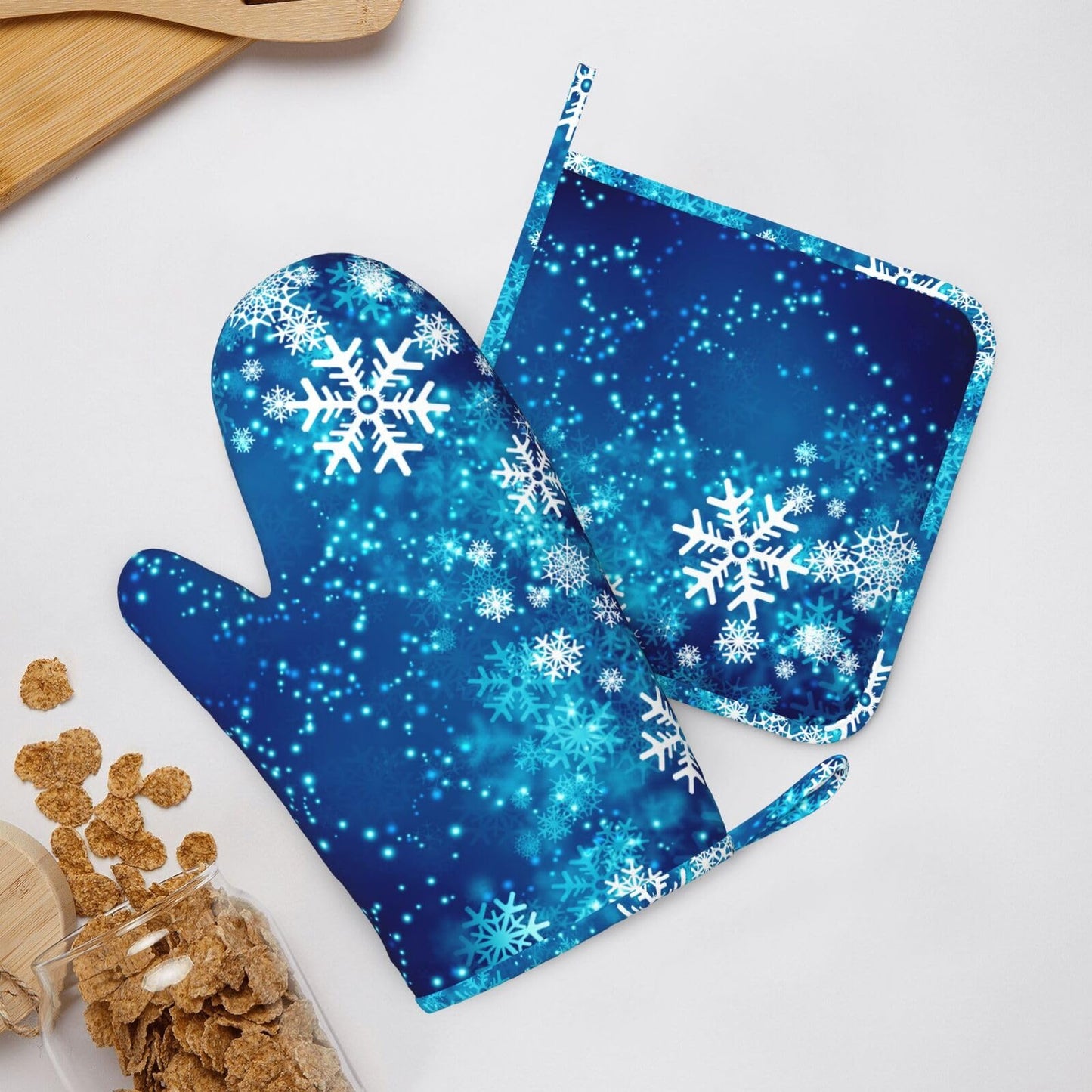 Oven Mitts and Pot Holders Blue Snowflake Winter Christmas Silicone Kitchen Accessories Set of 4 Heat Resistant Long Gloves Potholder Non-Slip Grip for Chef Cooking Baking Grilling BBQ