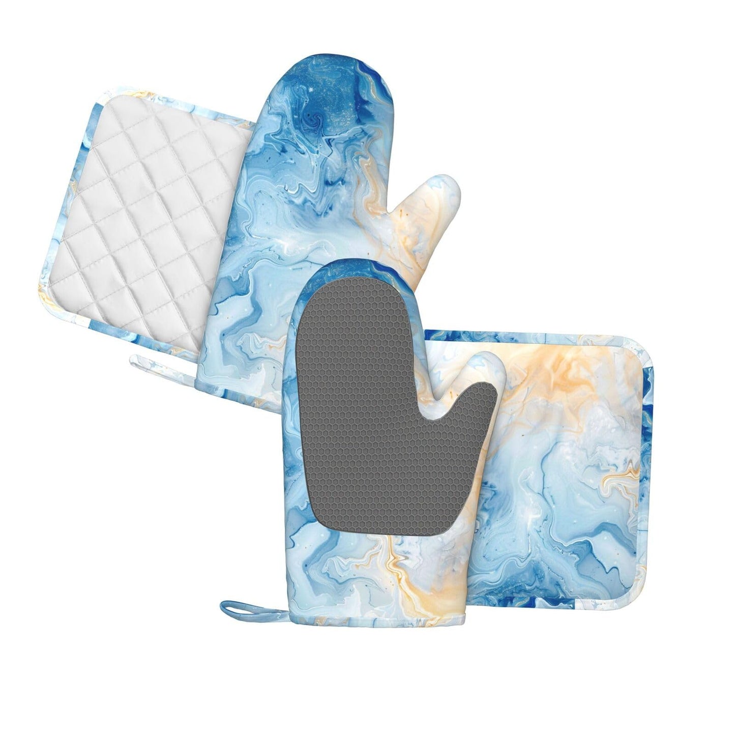 Oven Mitts and Pot Holders Blue Marble Pastel Silicone Kitchen Accessories Set of 4 Heat Resistant Long Gloves Potholder Non-Slip Grip for Chef Cooking Baking Grilling BBQ