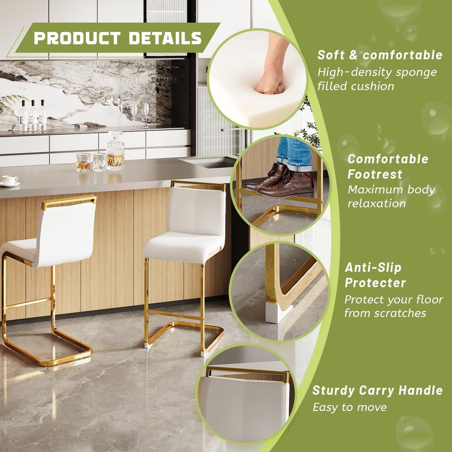 Glam Contemporary White Faux Leather and Gold Metal Bar Stools (Set of 4)