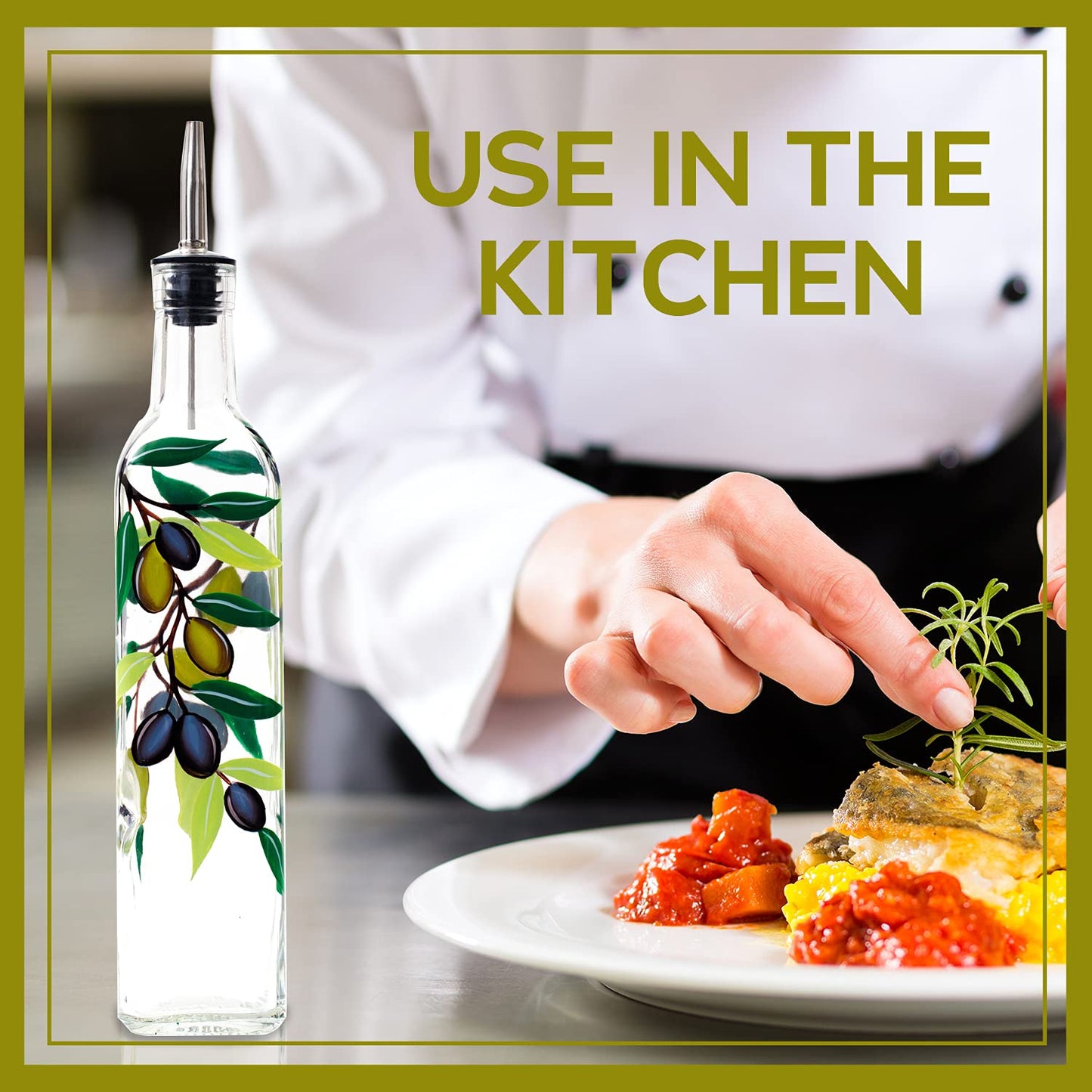 YIYUKODO 17oz Hand Painted Glass Olive Oil Bottle Dispenser - 500ml Green Oil & Vinegar Cruet with Pourers - Olive Oil Carafe Decanter for Kitchen (olive2)