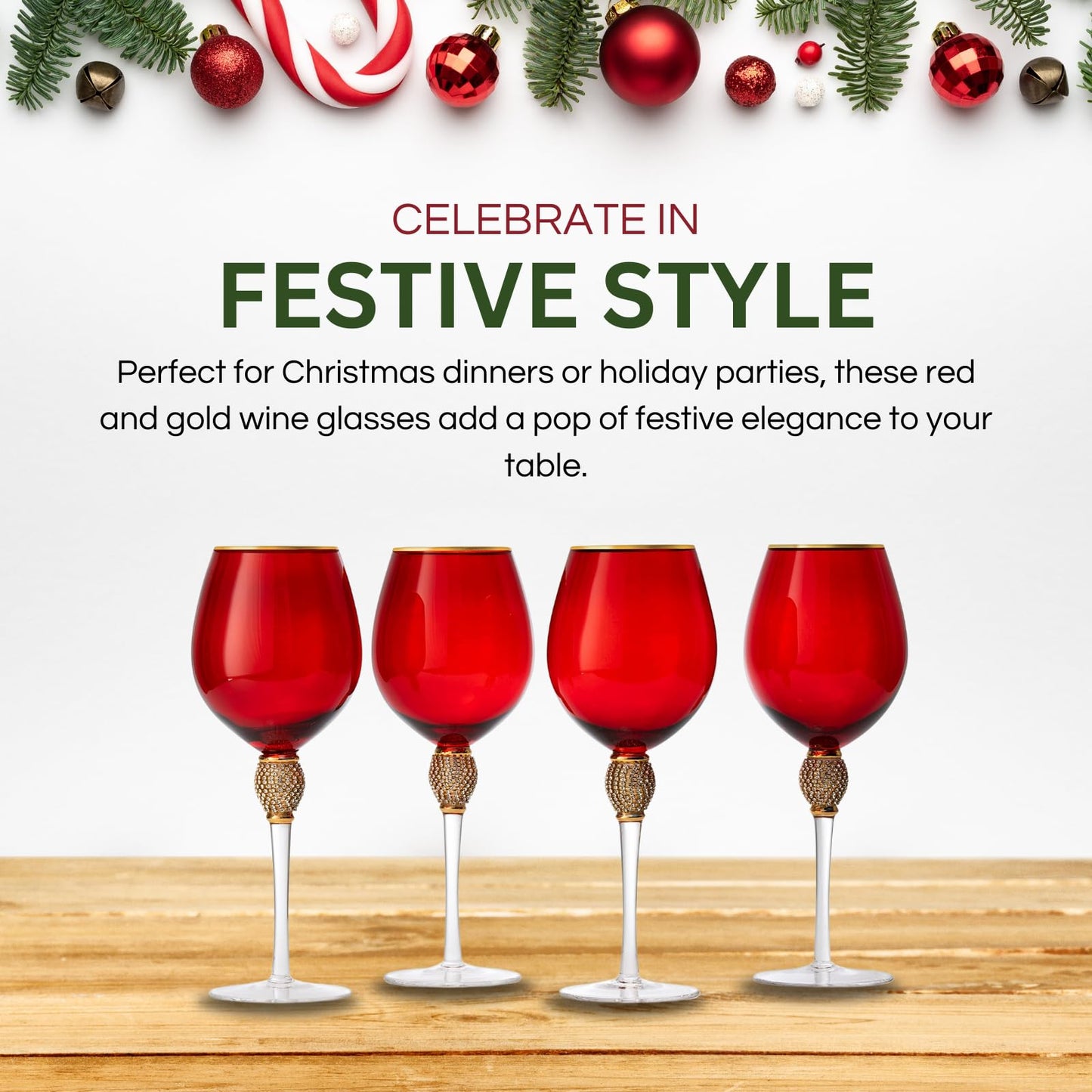 Large Red Diamond Wine Glasses, Christmas, Holiday, & Weddings, 10" H Gold Rim Rhinestone DIAMOND Studded Glasses - Wedding Glasses - 18oz, Premium Bling Designed Glassware, Crystal Long Stem Glass