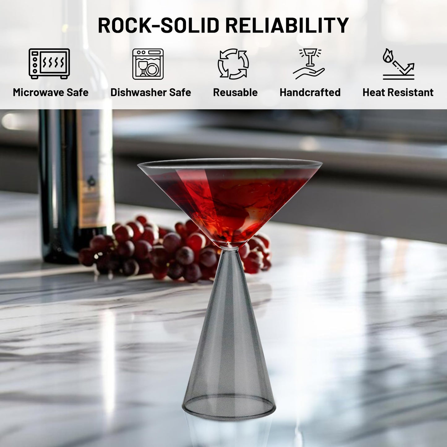Gusto Buono 8.4oz Martini Glasses – Set of 4 Drinkware with Grey Stem Geometric Design | Heat-Resistant, Dishwasher, Microwave & Freezer Safe | Perfect for Martinis, Cocktails, Home, Parties, & Gifts