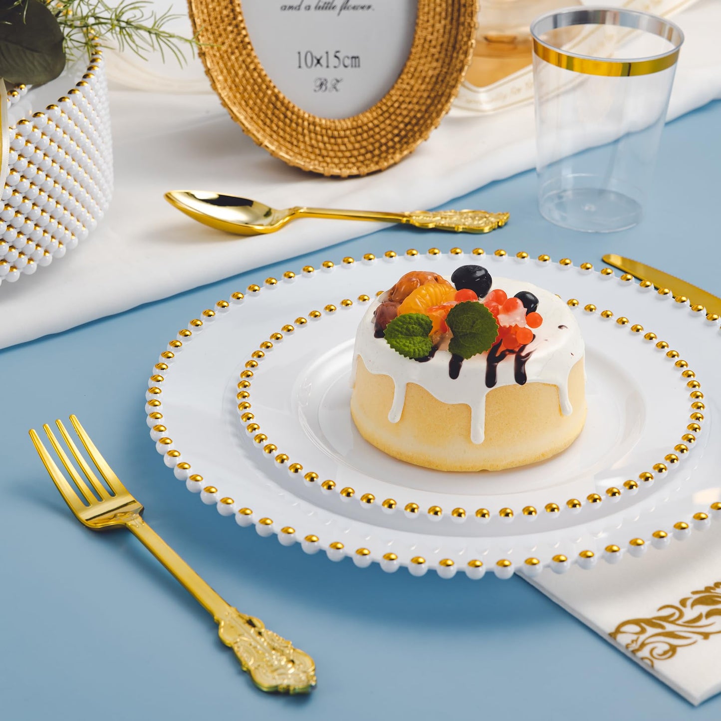 75-Piece Gold Bead-Rimmed Plastic Plate and Utensils Set, Heavy Duty Dinnerware Set Includes 15 Dinner Plates, 15 Dessert Plates, 15 Gold Plastic Forks, 15 Spoons, 15 Knives, Perfect for Parties and Weddings