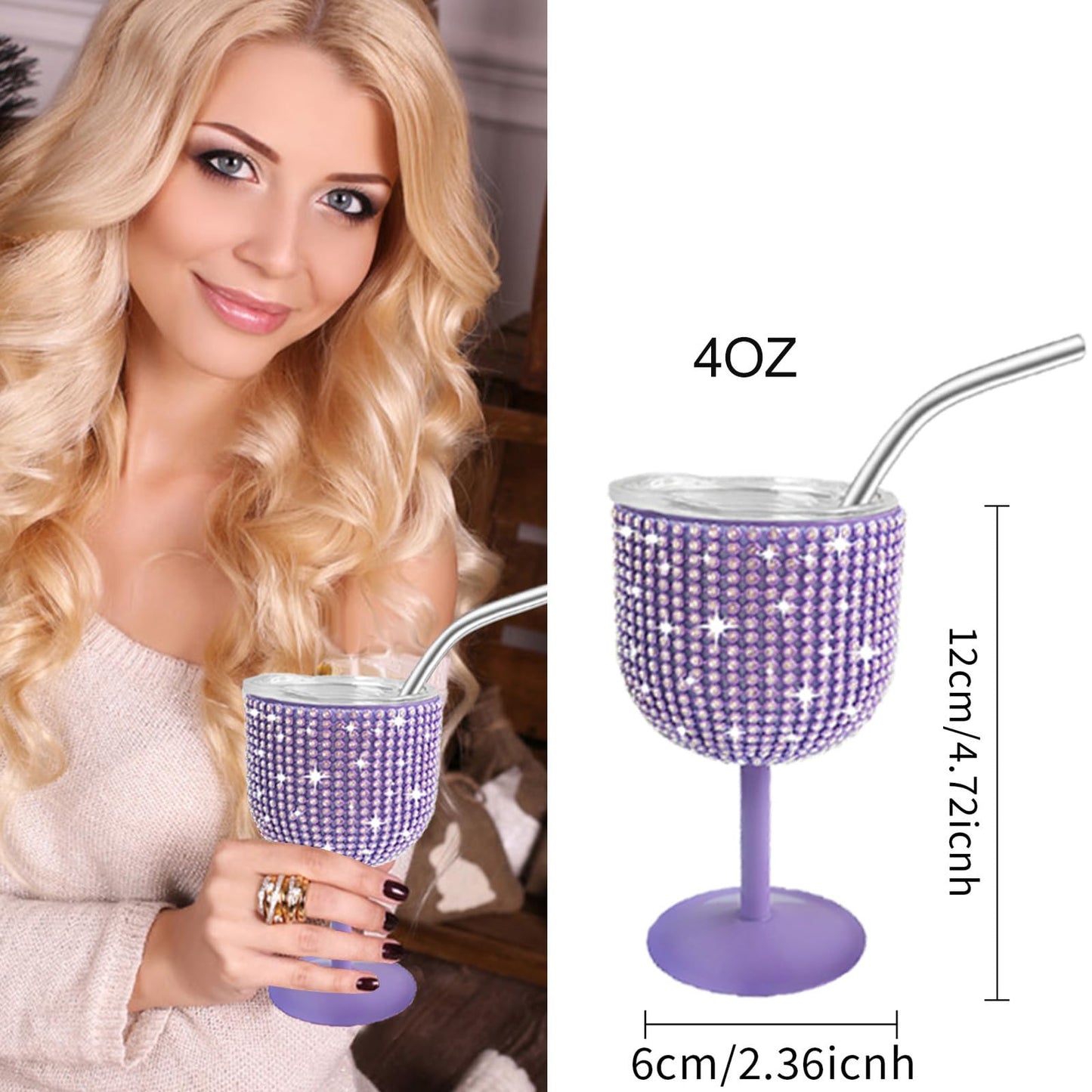 INSTOME Rhinestone Stainless Steel Wine Glasses,4oz Bling Stemmed Stainless Steel Wine Tumbler with Lid and Straw for Camping,Picnics,Travel,Birthday Gifts for Family (purple, 4oz)