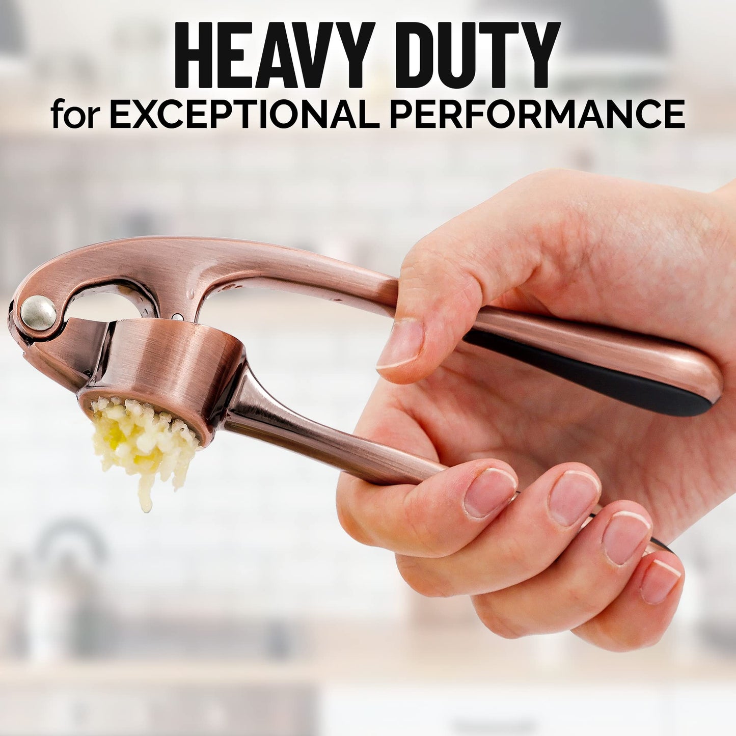 Zulay Kitchen Premium Garlic Press Set - Rust Proof and Dishwasher Safe Professional Garlic Mincer Tool - Easy-Squeeze, Easy-Clean with Soft, Ergonomic Handle - Silicone Garlic Peeler and Brush (Copper)