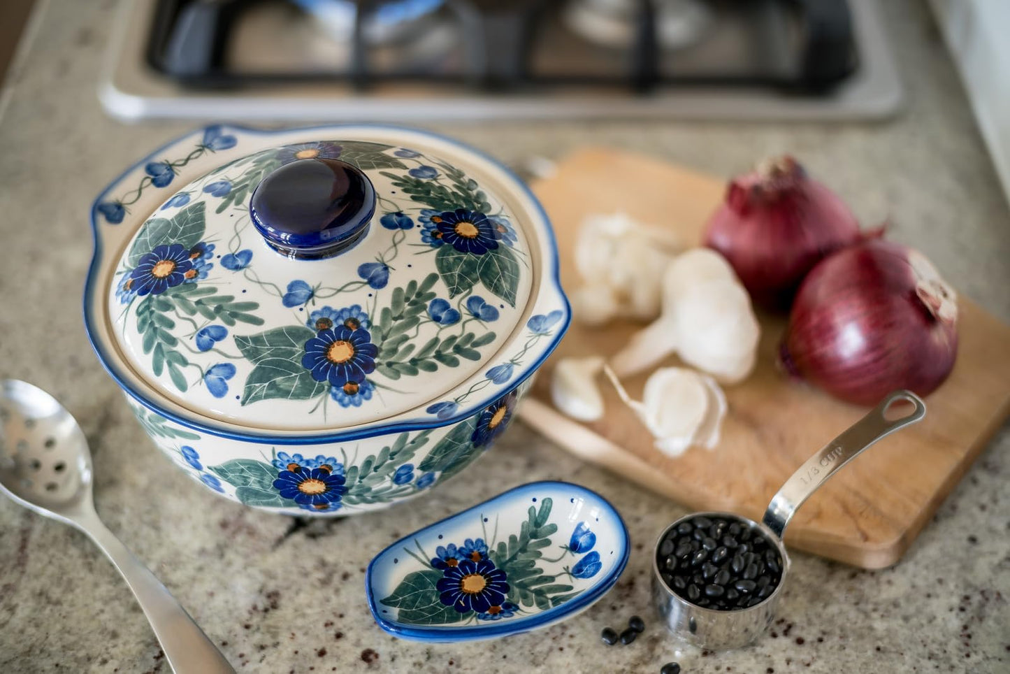Blue Rose Polish Pottery Forget Me Not Round Covered Baker