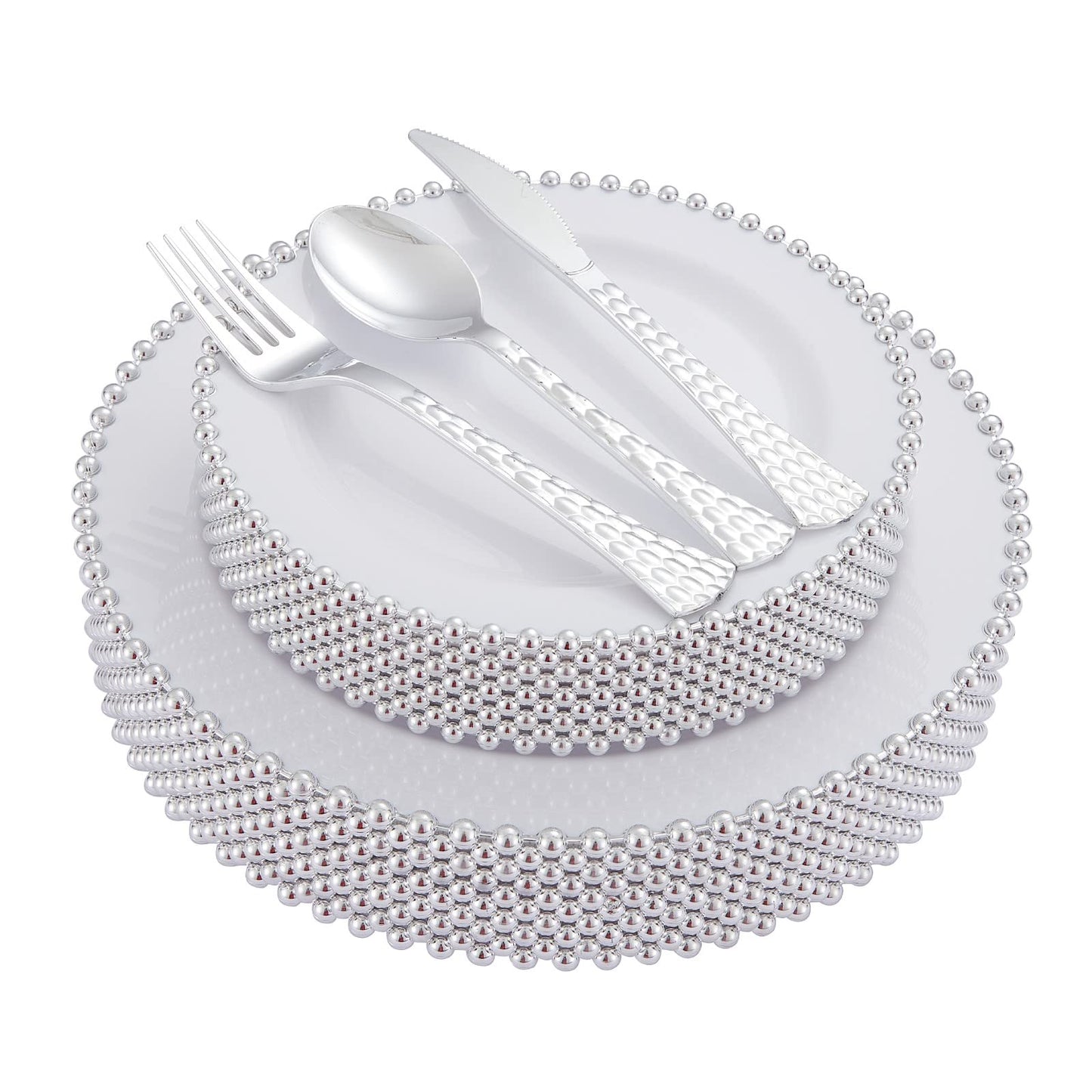 75-Piece Fancy Disposable Dinnerware Party Set, 15 Dinner Plates, 15 Dessert Plates with Silver Bead Rimed, 15 Silver Spoons, 15 Knives, 15 Forks, Plastic Silverware for Wedding Birthday Party